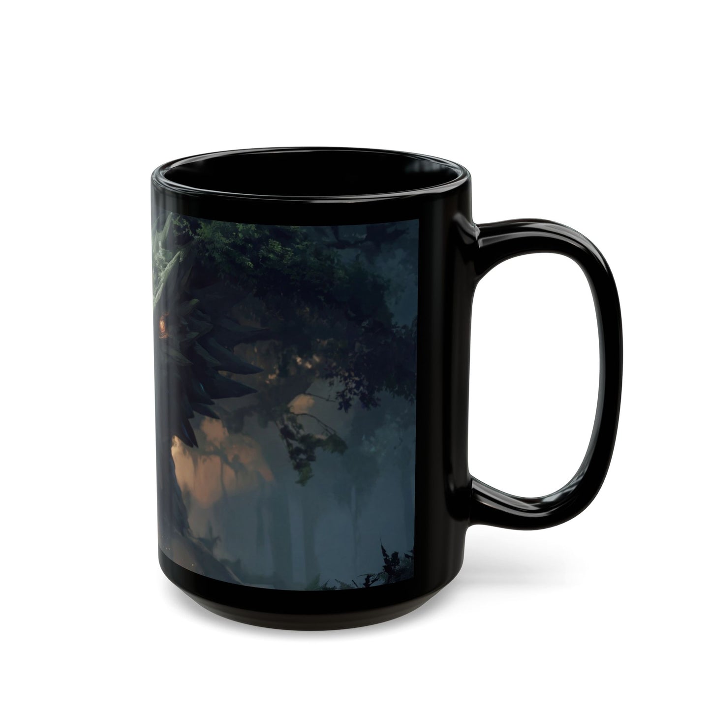 Ancient Dragon Guardian Black Mug – Forest Cathedral at Dusk