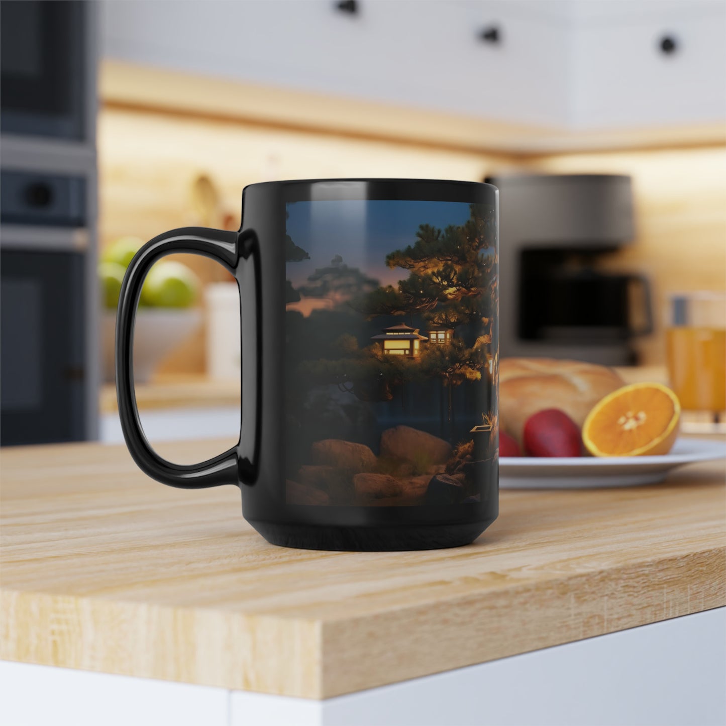 "An ancient bonsai pine tree adorned with paper lanterns, captured in the dim light of dusk, ultra-realistic, nature photography, Canon EOS R5." - Mug, Black