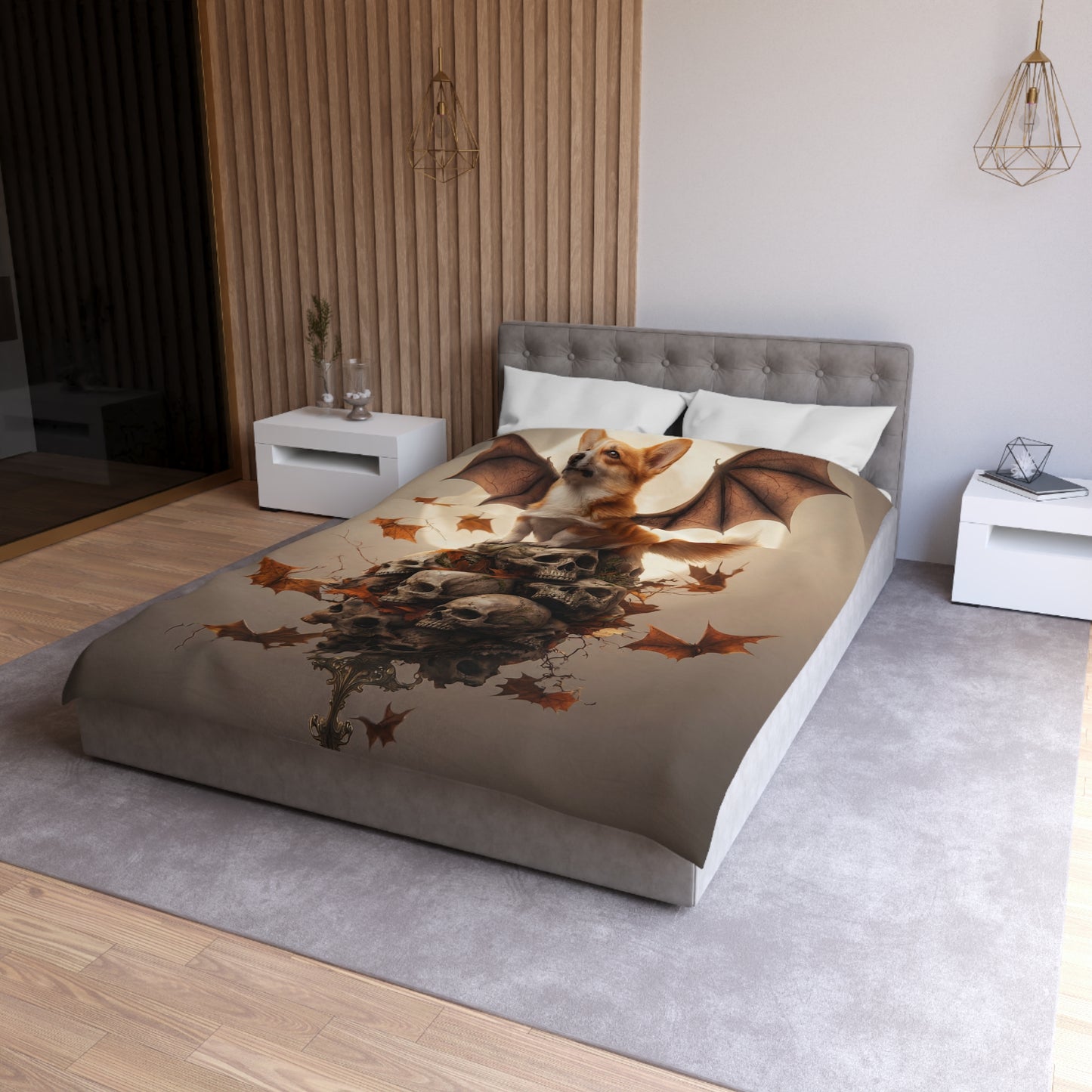 Bat-winged Corgi Duvet Cover – Moonlit Guardian of Autumn Skulls
