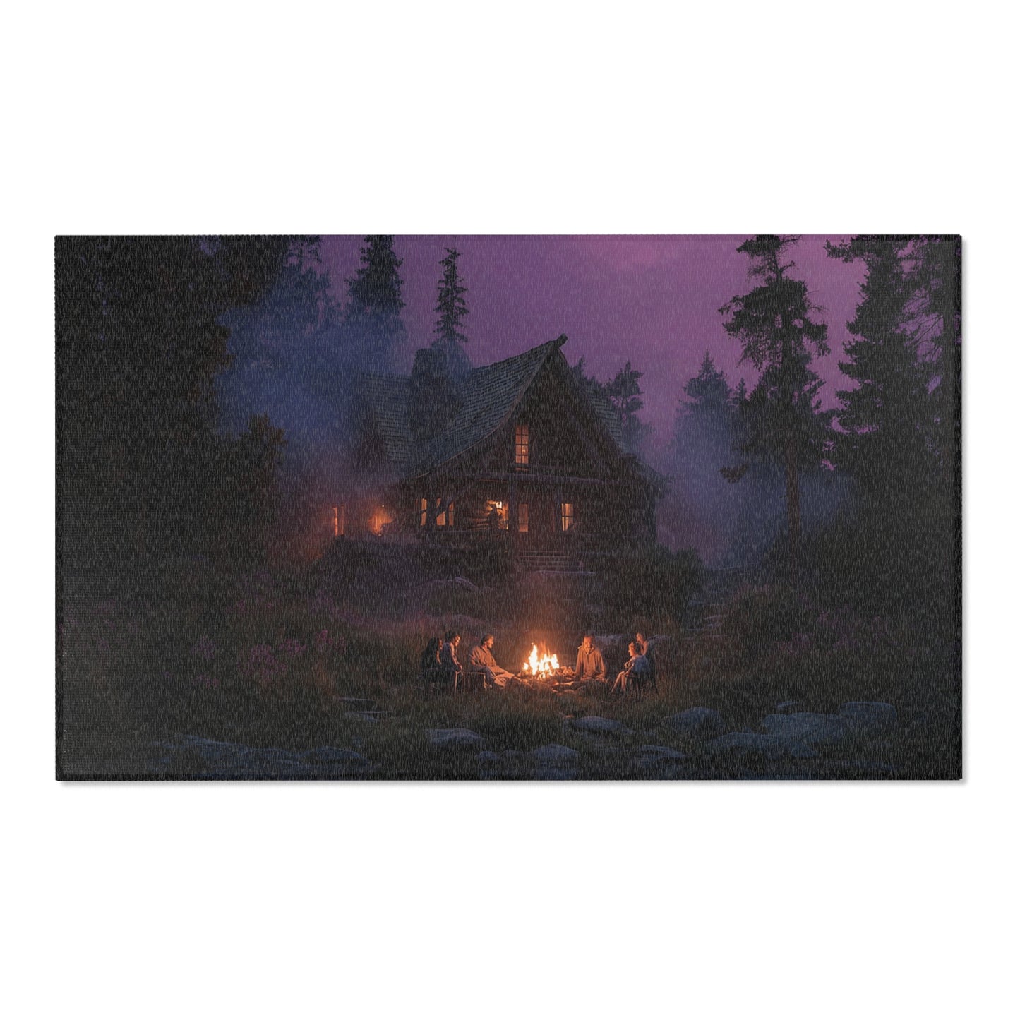 Whispering Pines Cabin Rug – Twilight Campfire Gathering