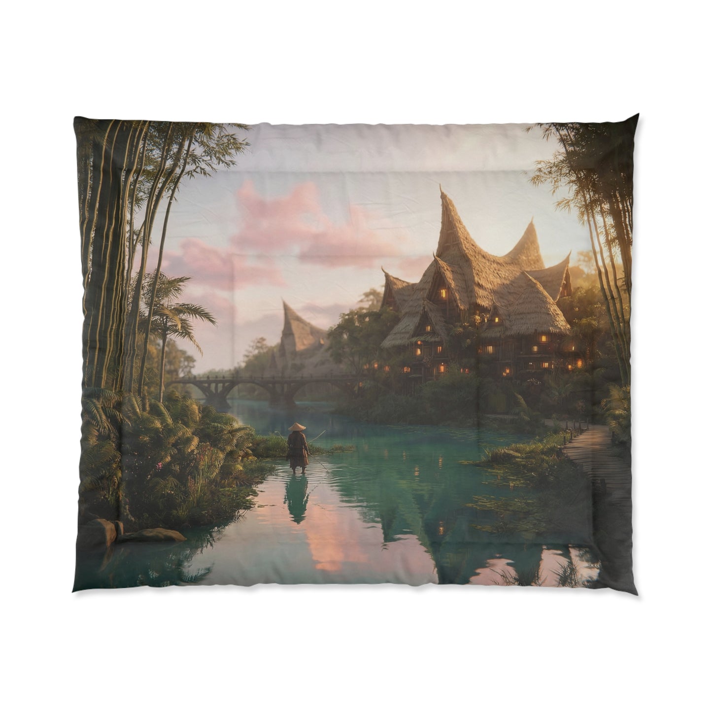 Bamboo River Village Comforter – Sunset Serenity with Stilt House Reflections