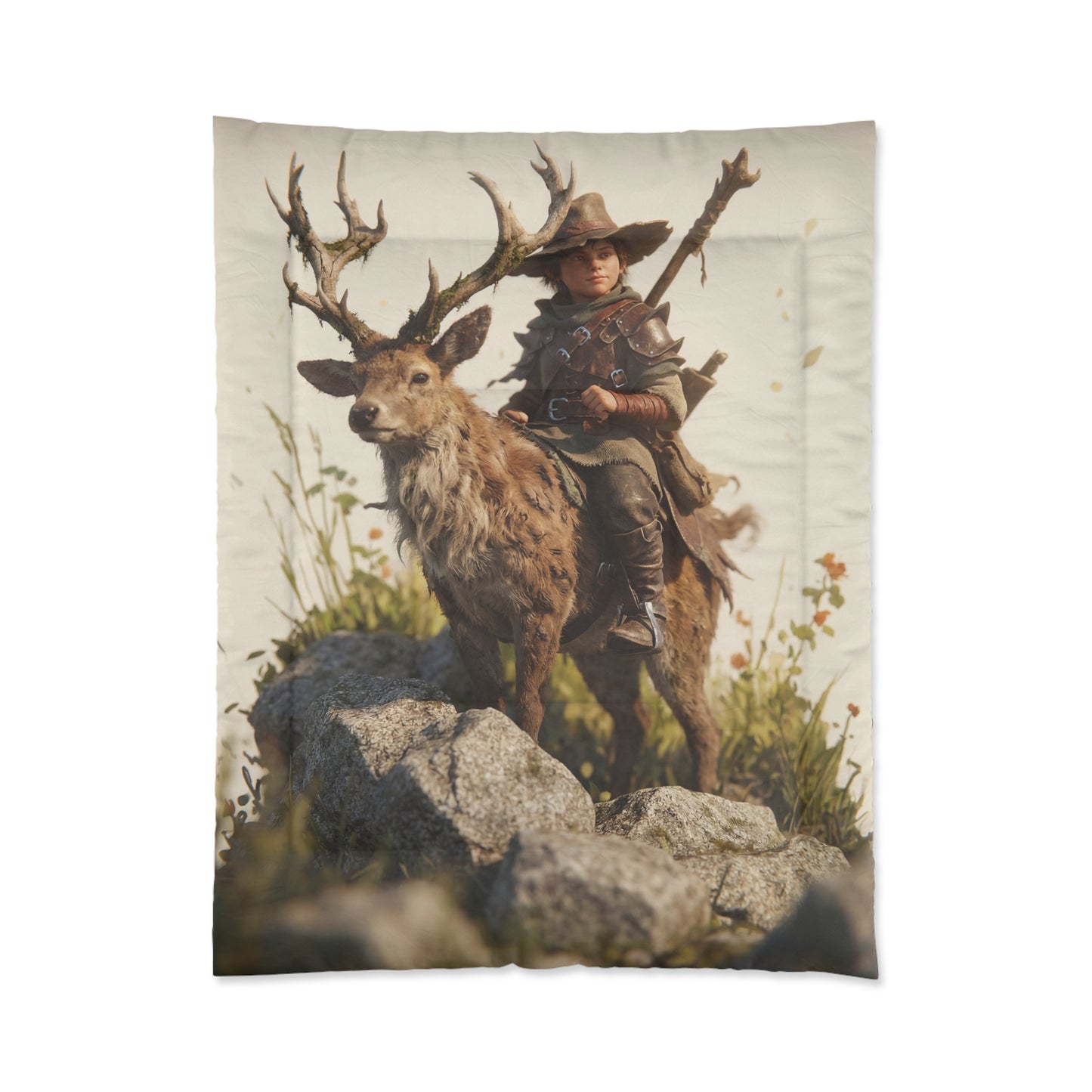 Boy on Stag Comforter – Sunlit Ridge Guardian