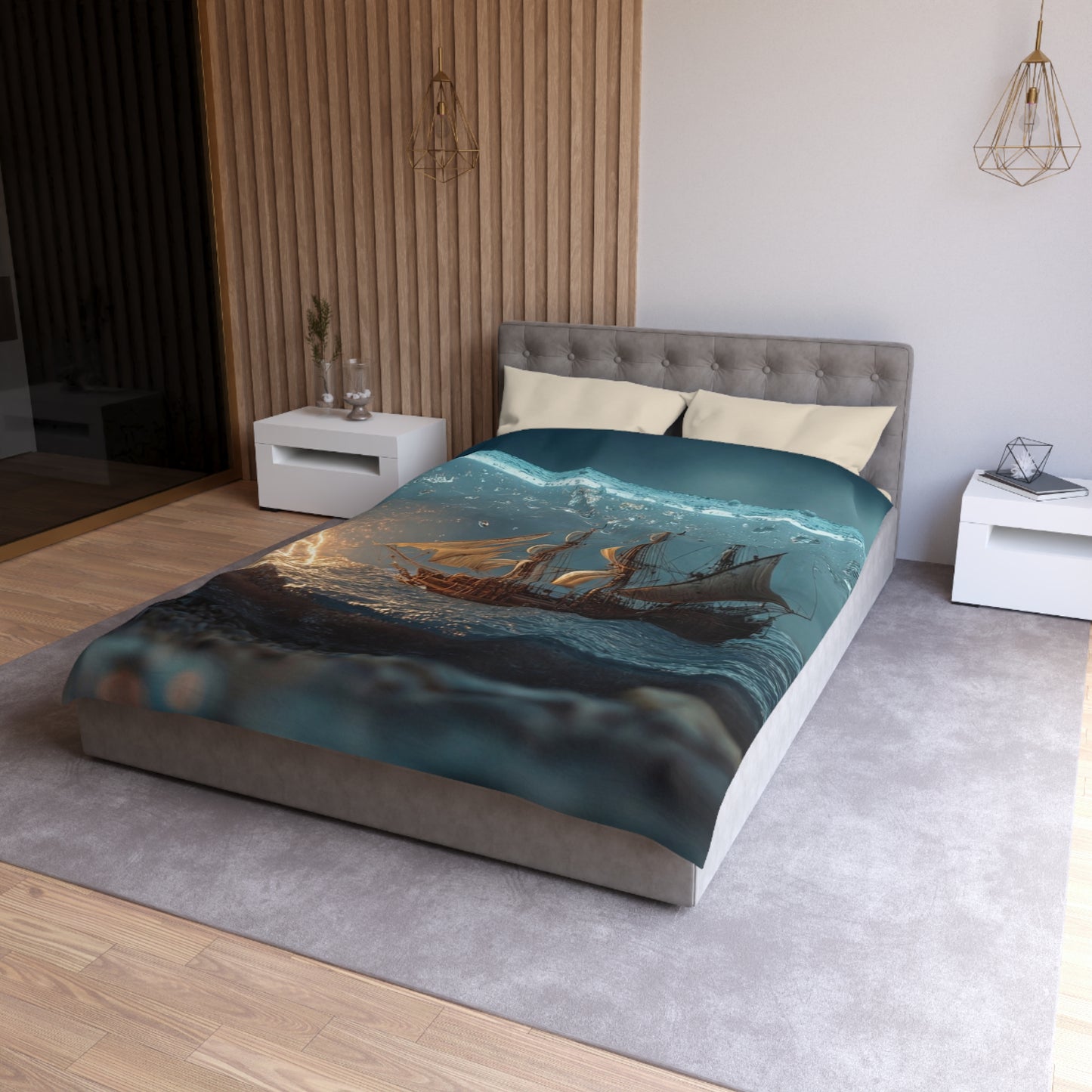 Storm-Sailed Ship in Bottle Microfiber Duvet Cover – Pocketed Ocean Dreamscape