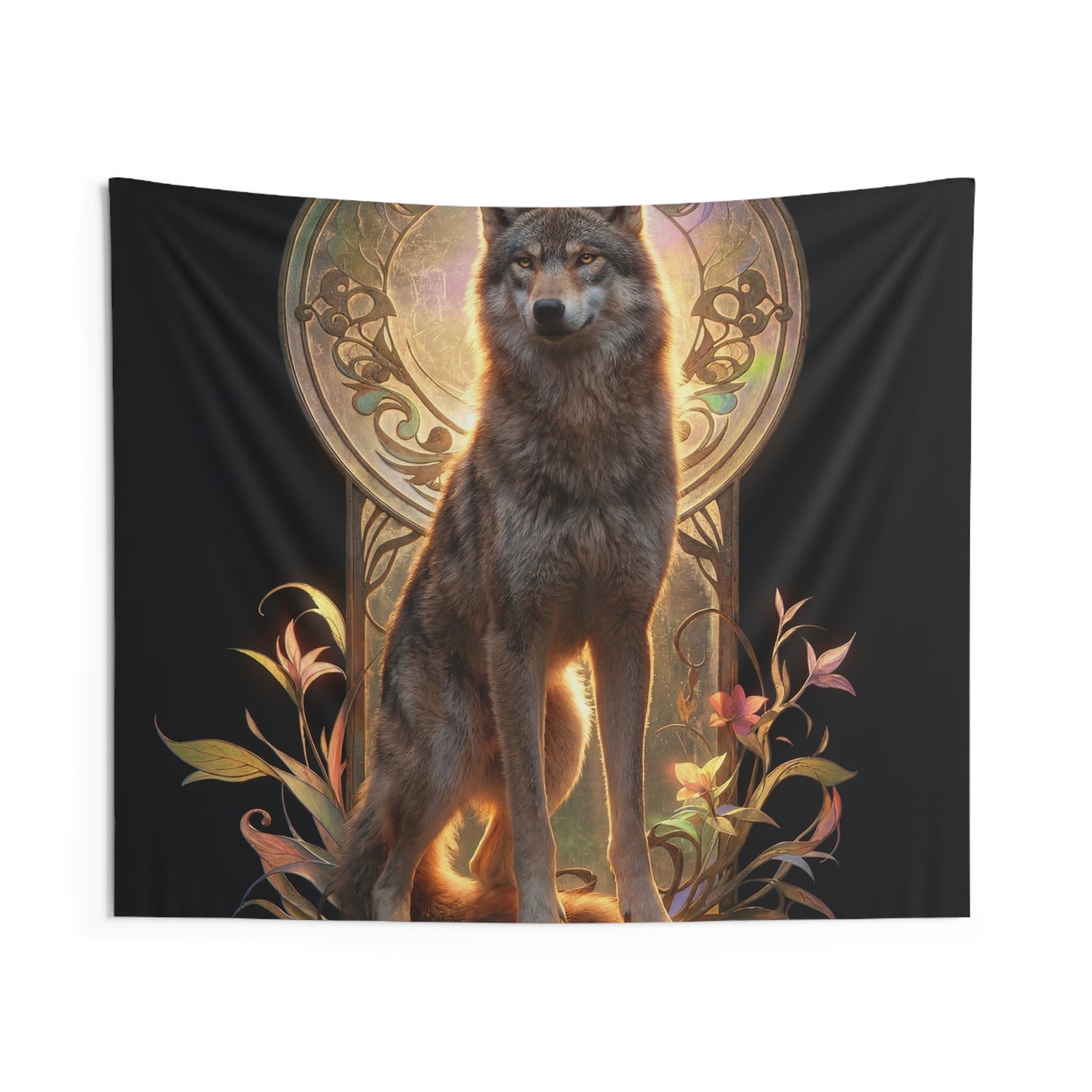 Regal Wolf Throne Tapestry – Golden Light Through Art Nouveau Arch