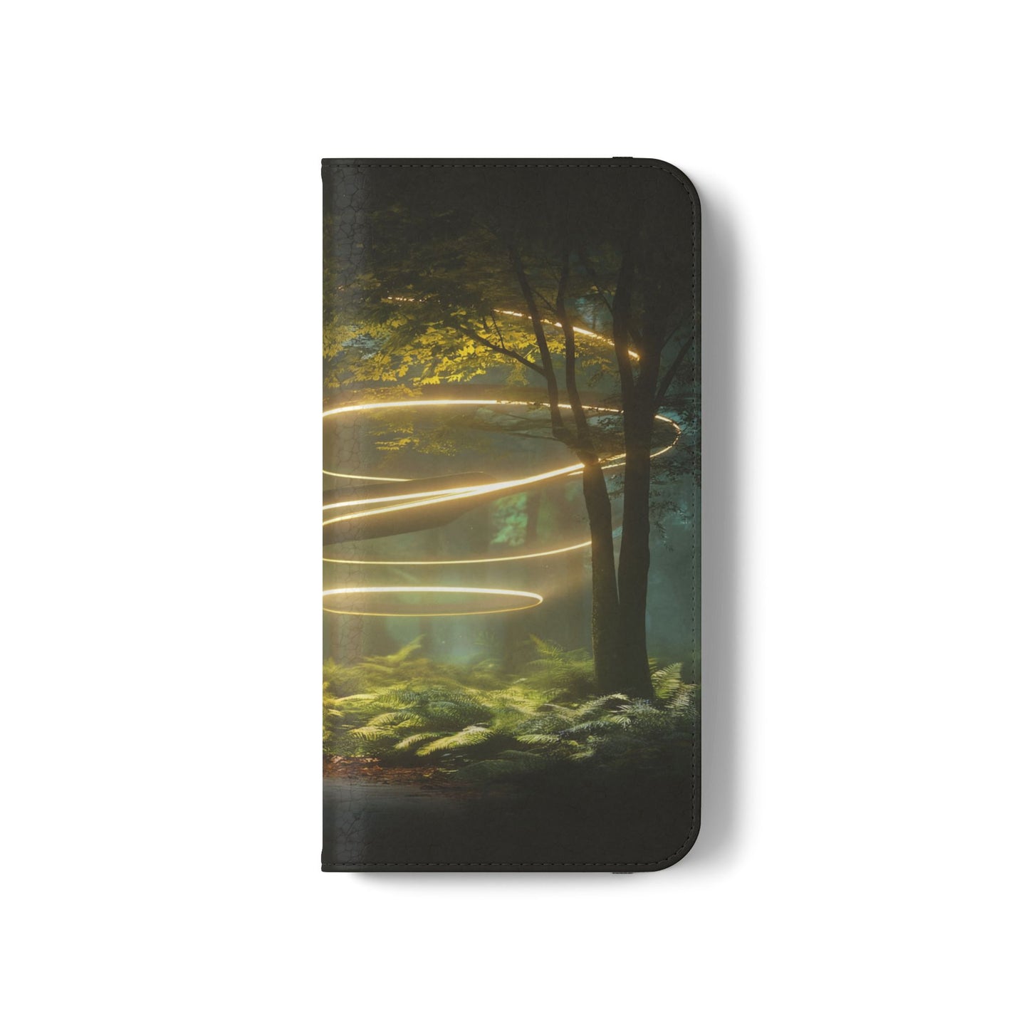 Luminous Spiral Forest Flip Cases – Golden Light Rings Mystery Scene