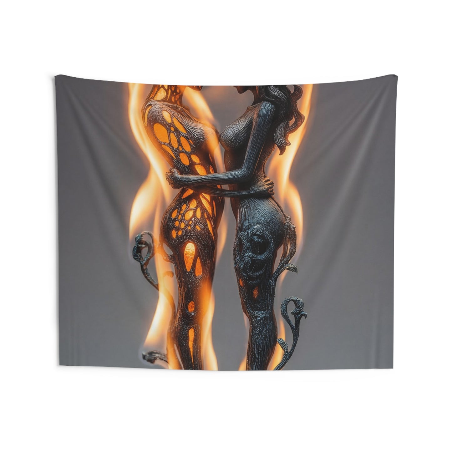 Flame-Embraced Lovers Indoor Wall Tapestries – Intertwined Spirits Amidst Dancing Fire