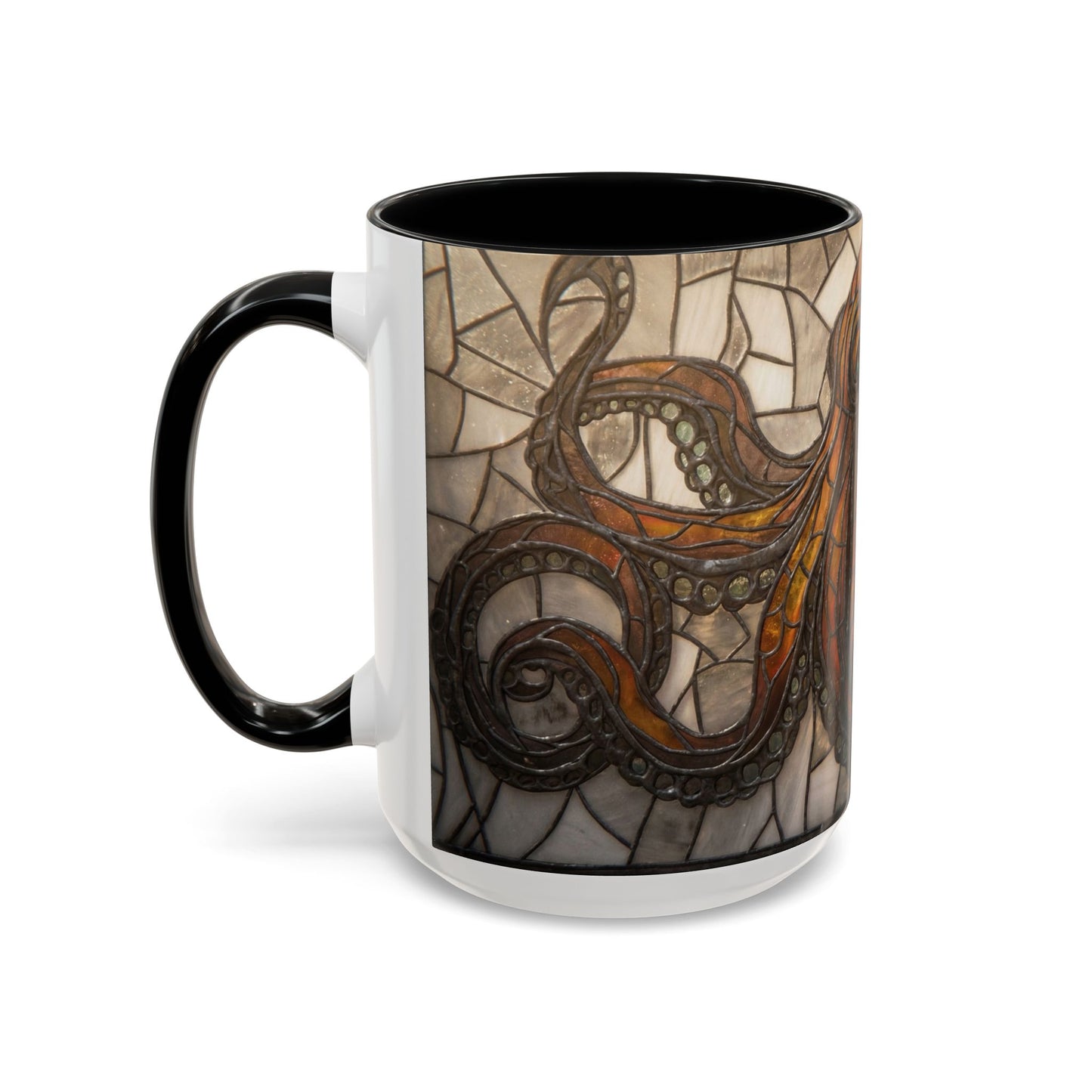 Stained Glass Octopus Accent Coffee Mug – Amber Tentacle Mosaic Art