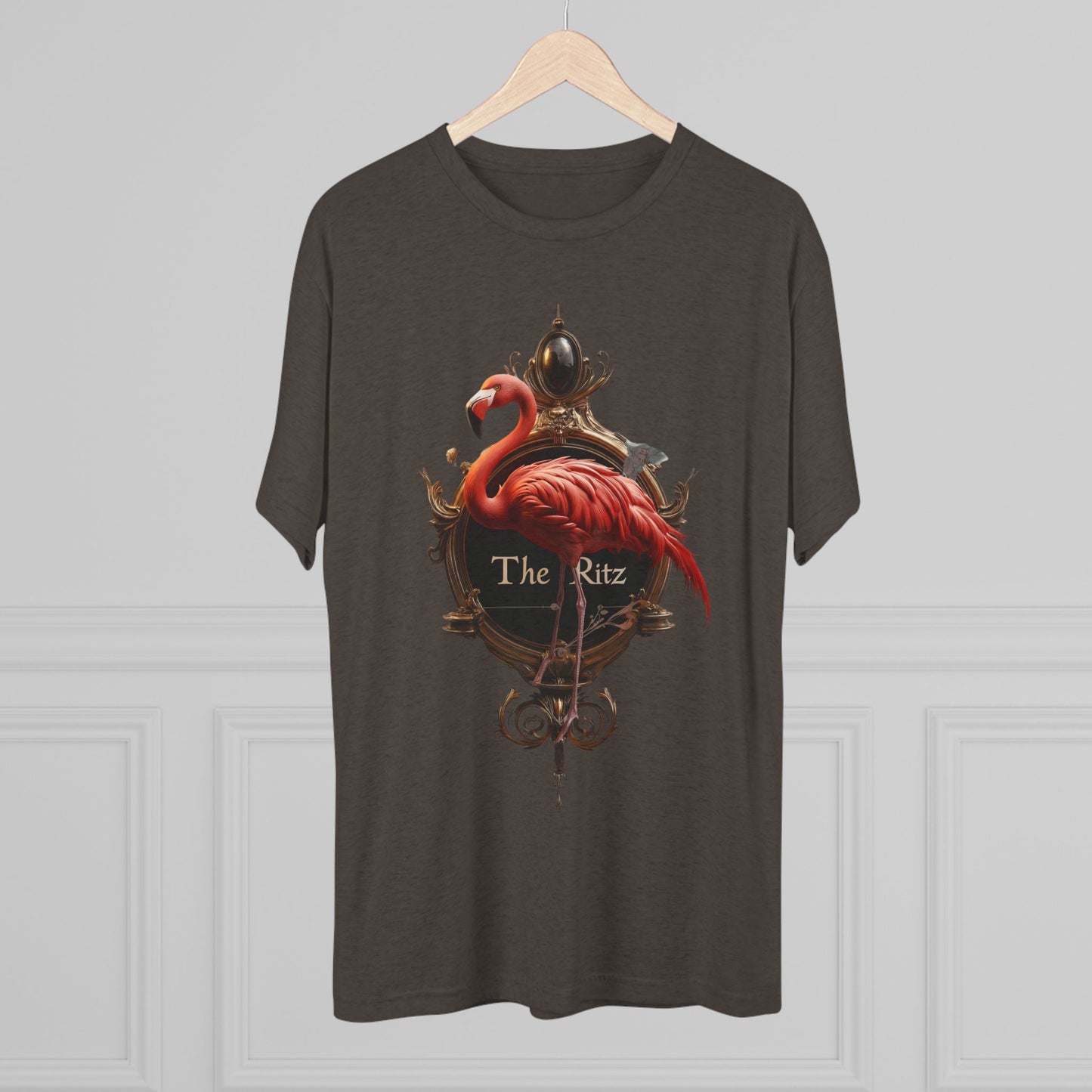 The Ritz Flamingo Sign Tri-Blend Crew Tee – Velvet Gold and Crimson Crest