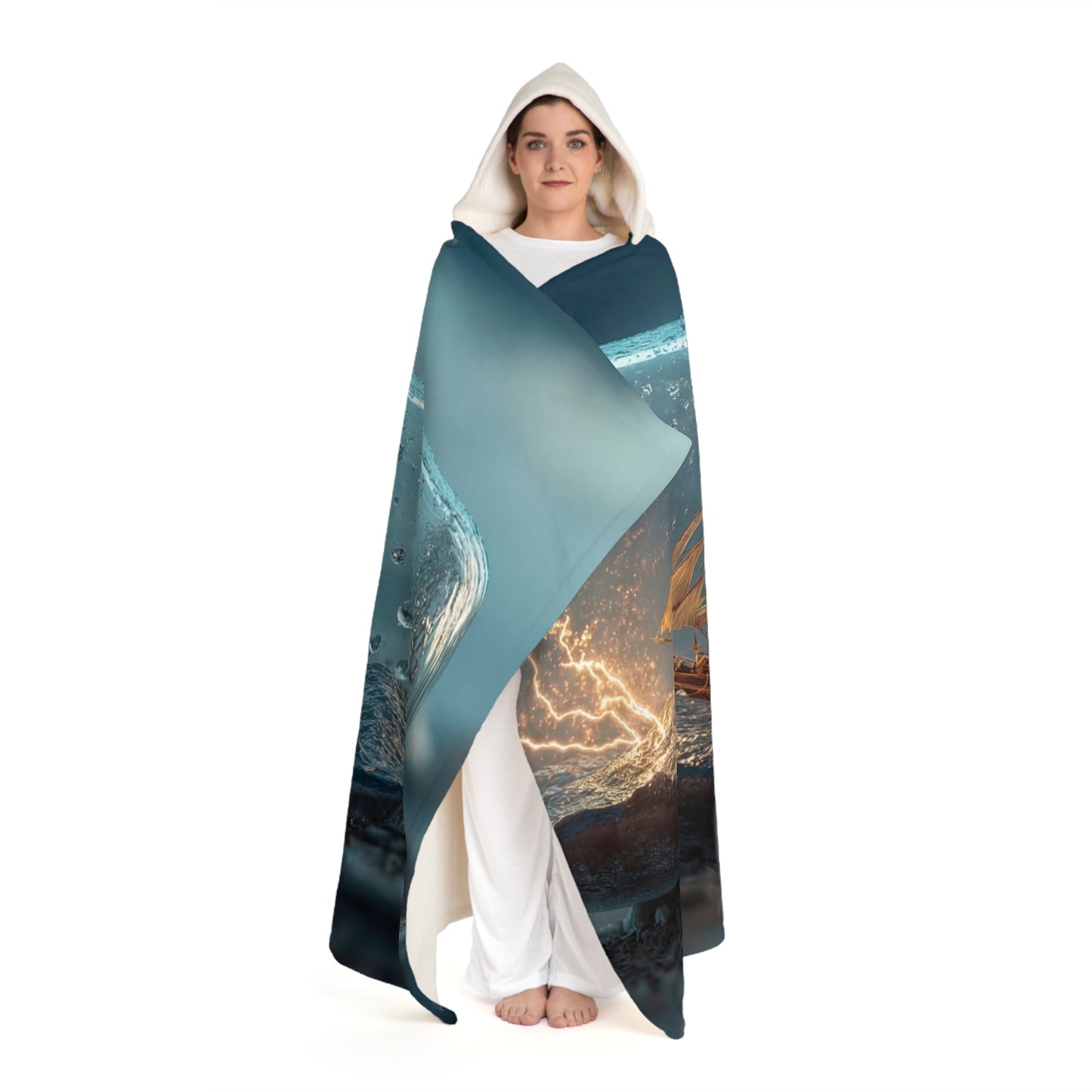 Storm-Sailed Ship in Bottle Hooded Sherpa Fleece Blanket – Pocketed Ocean Dreamscape