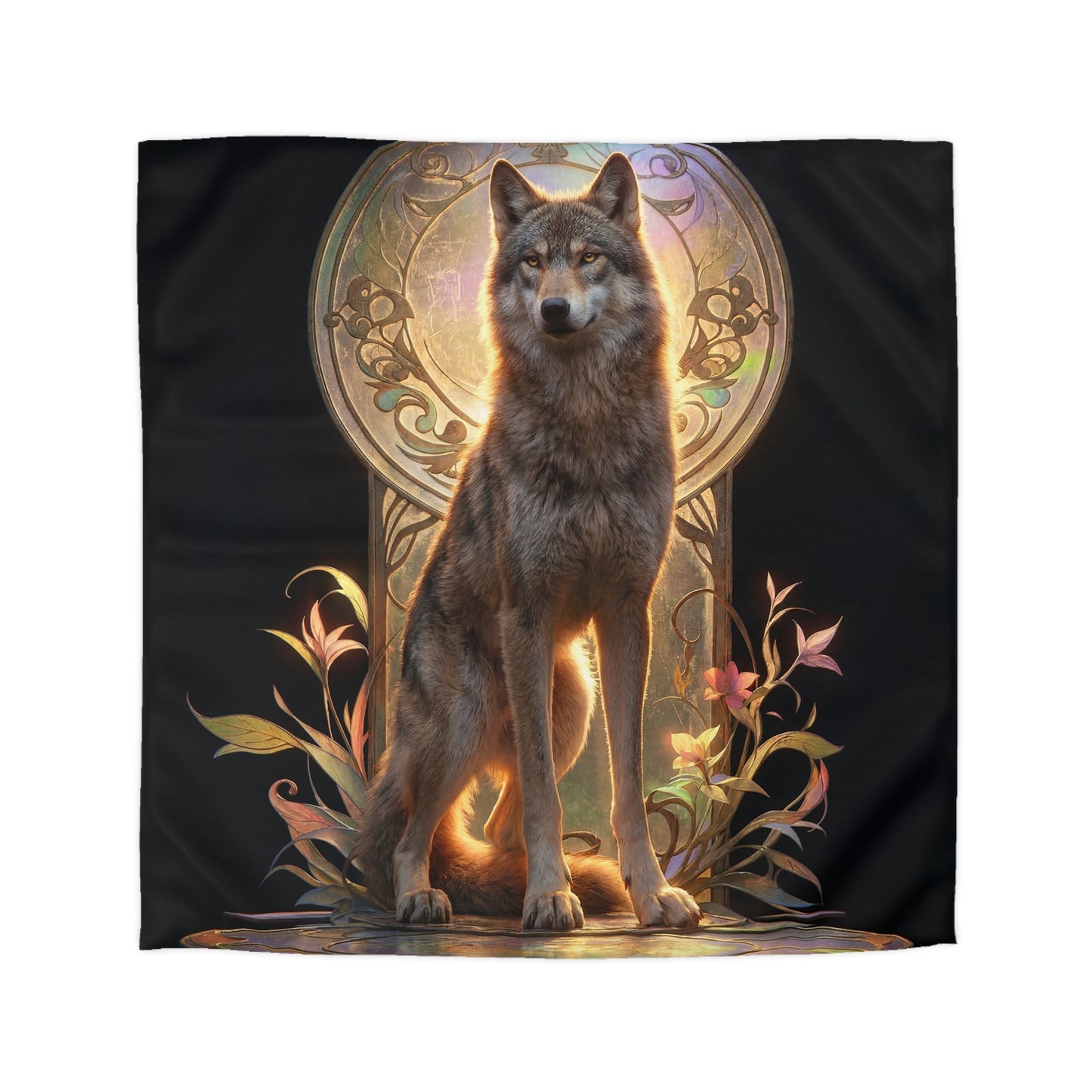 Regal Wolf Throne Duvet Cover – Golden Light Through Art Nouveau Arch
