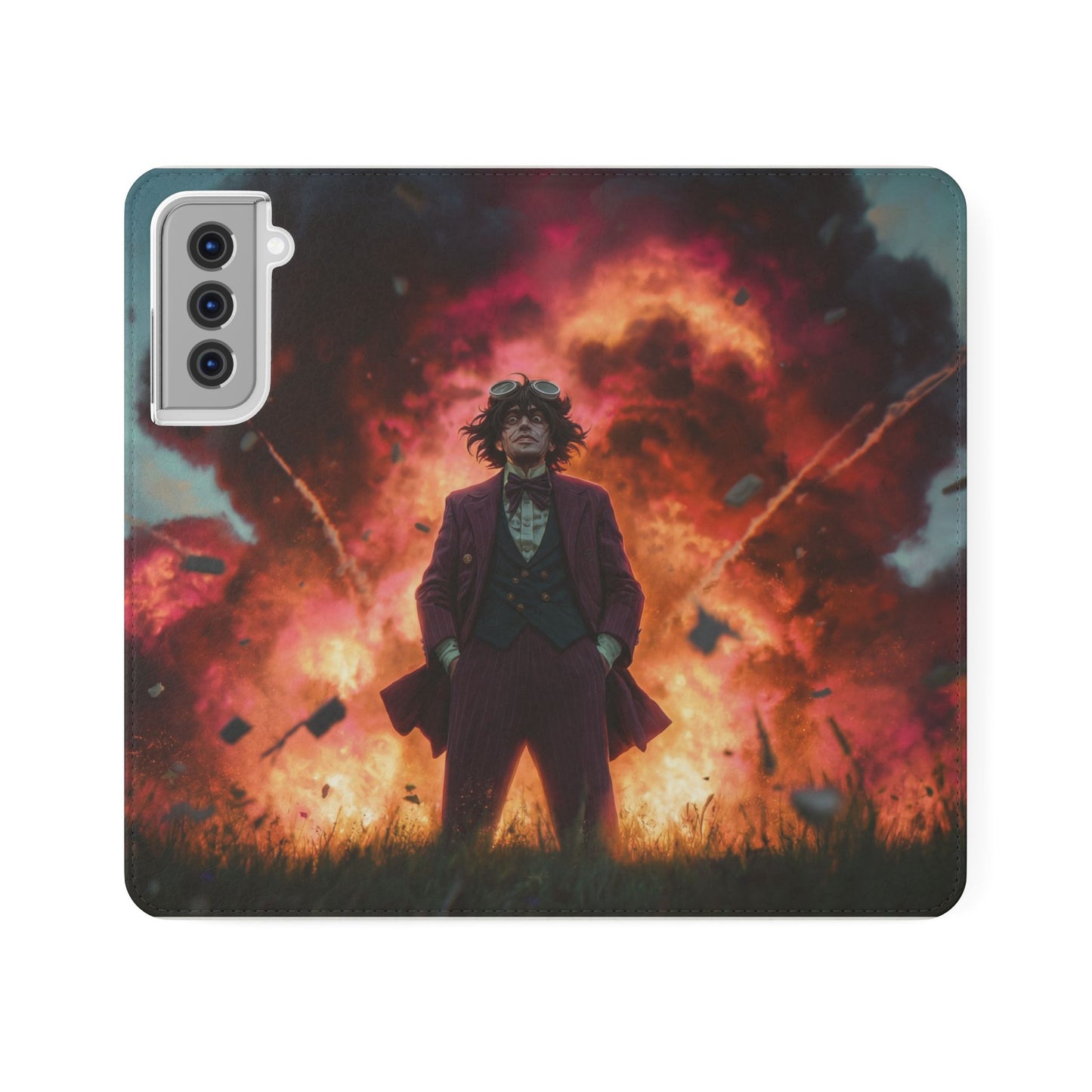 Goggles & Chaos Flip Cases – Purple Suit Amidst Fiery Explosion