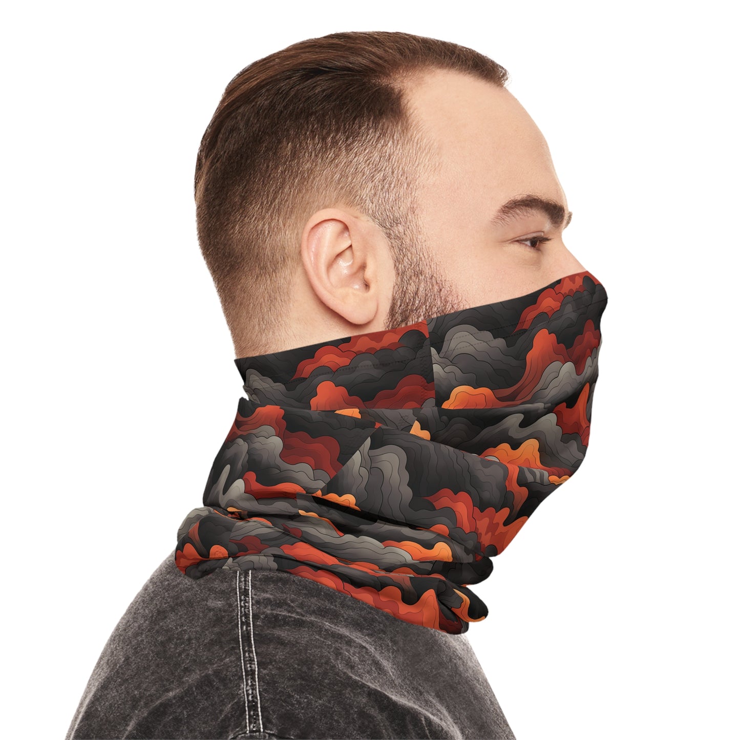 "A bold tiling pattern of angular, zig-zagging lines suggesting flames in red and orange tones overlaid on clouds of gray and black smoke" - Lightweight Neck Gaiter