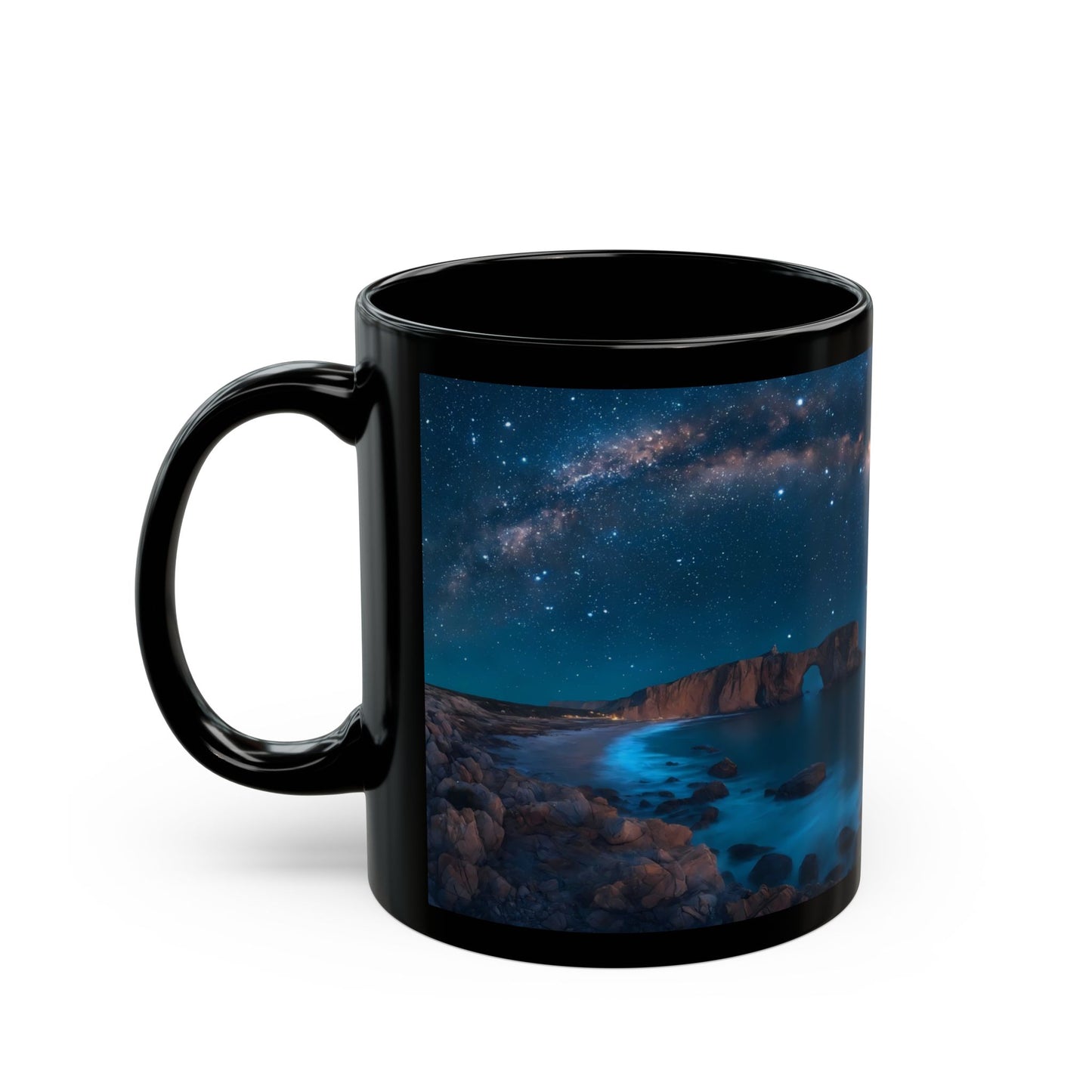Celestial Archway Black Mug – Milky Way Over Moonlit Coastline