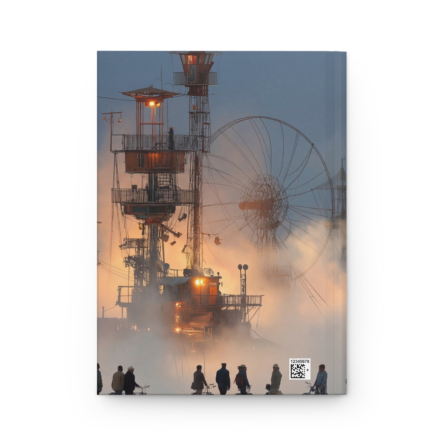 Burning Man Steel Cathedral Journal Matte – Neon Glow Amidst the Fog