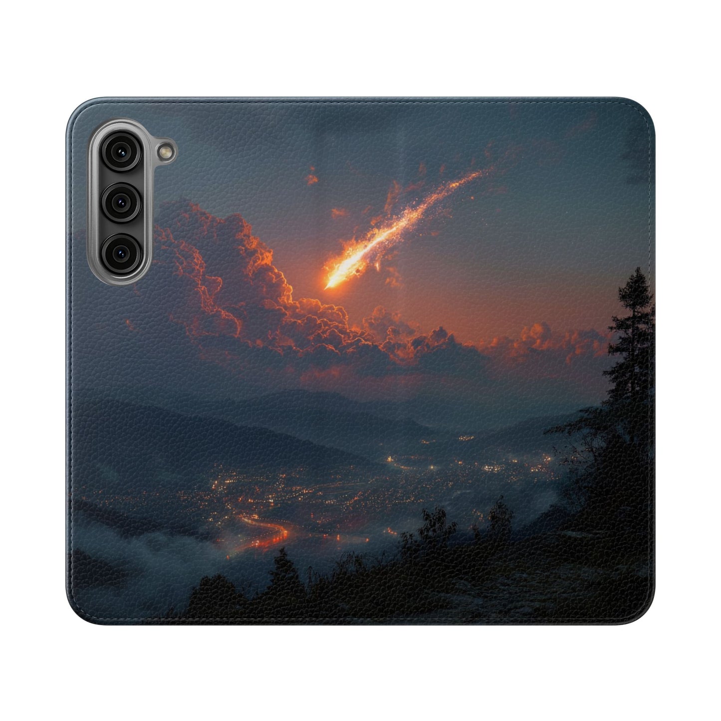 Meteor Over Valley Flip Cases – Crimson Sky Sentinel Cover