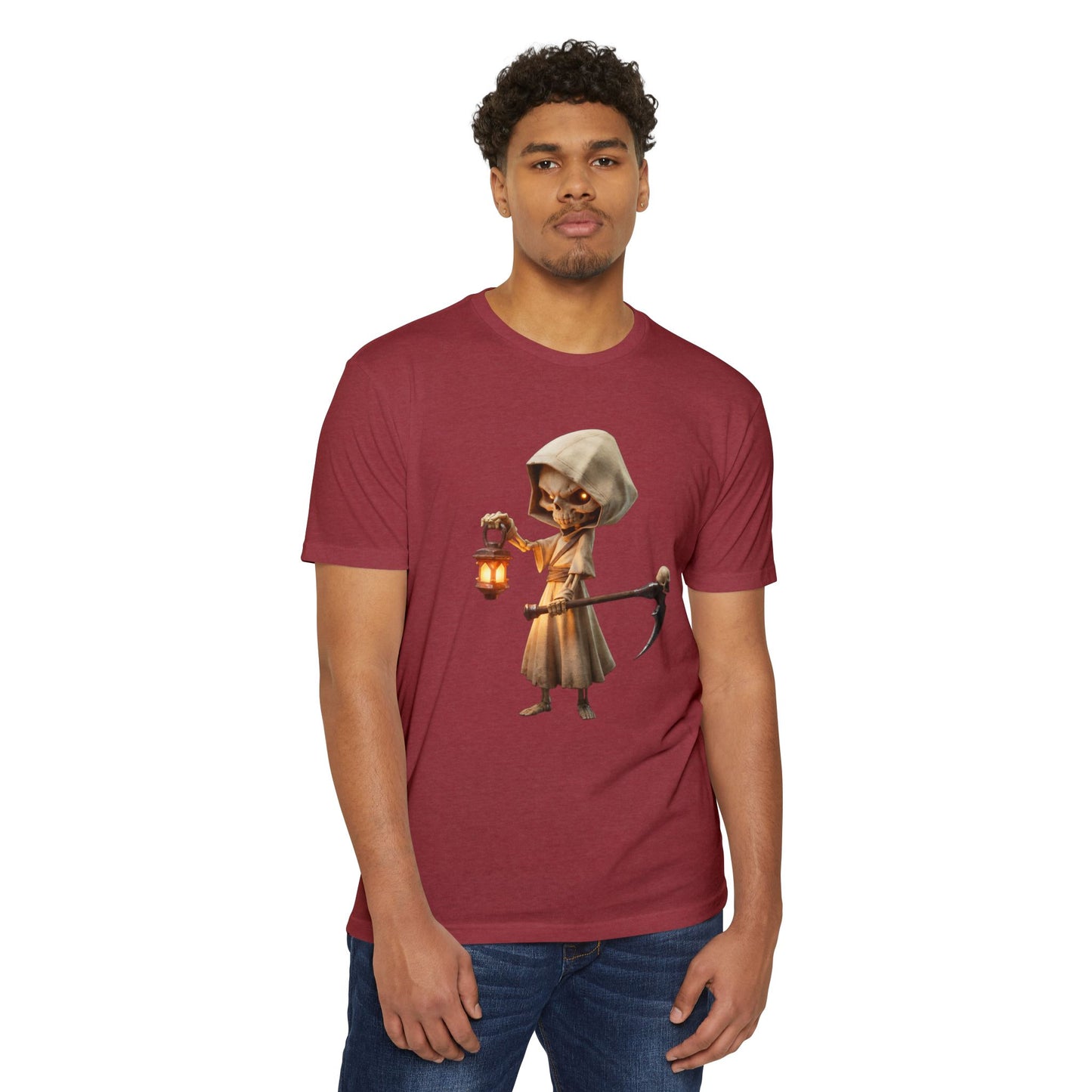 Lantern-Bearing Grim Reaper T-shirt – Hooded Sentinel with Scythe