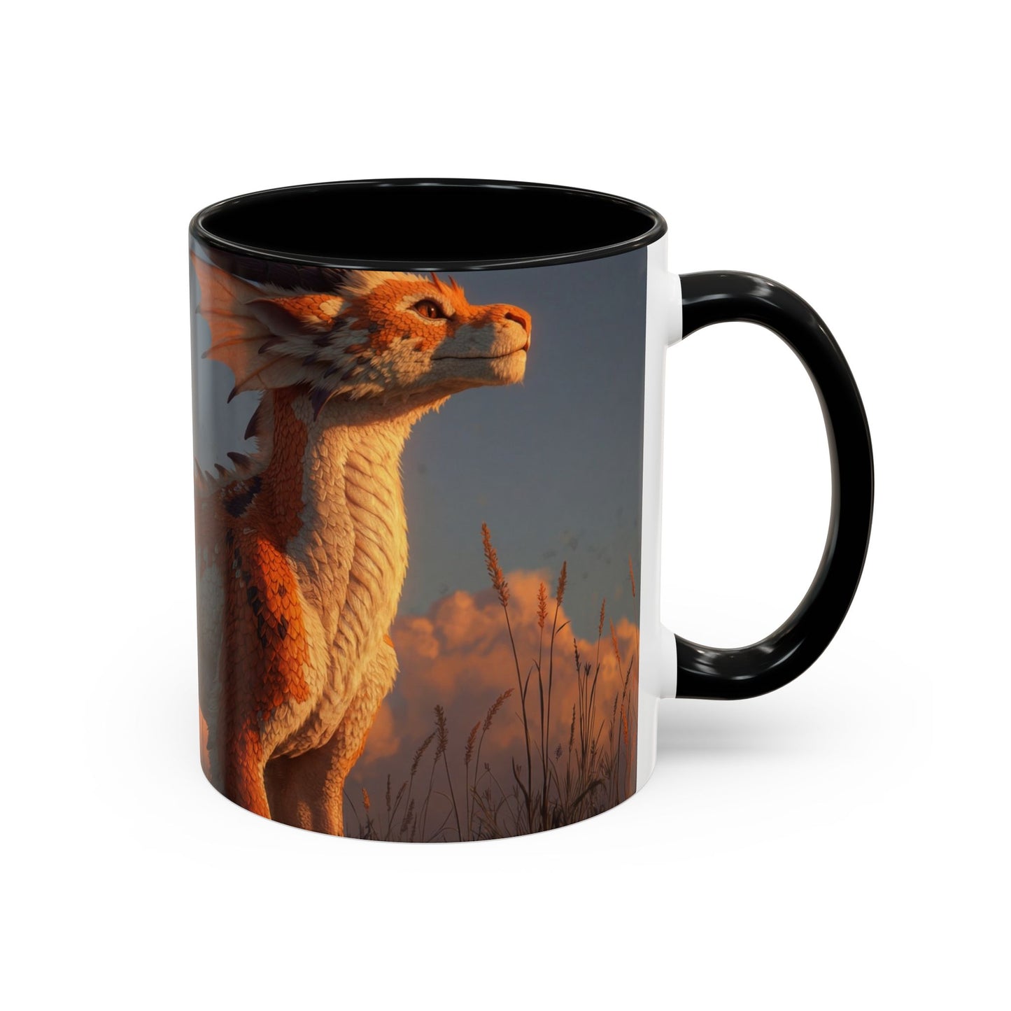 Sunset Dragon Accent Coffee Mug (11, 15oz) – Warm Ember Guardian in Golden Grasses
