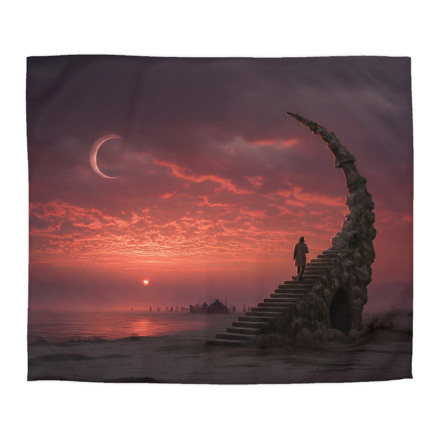 Crimson Horizon Staircase Duvet Cover – Lone Walker at Twilight