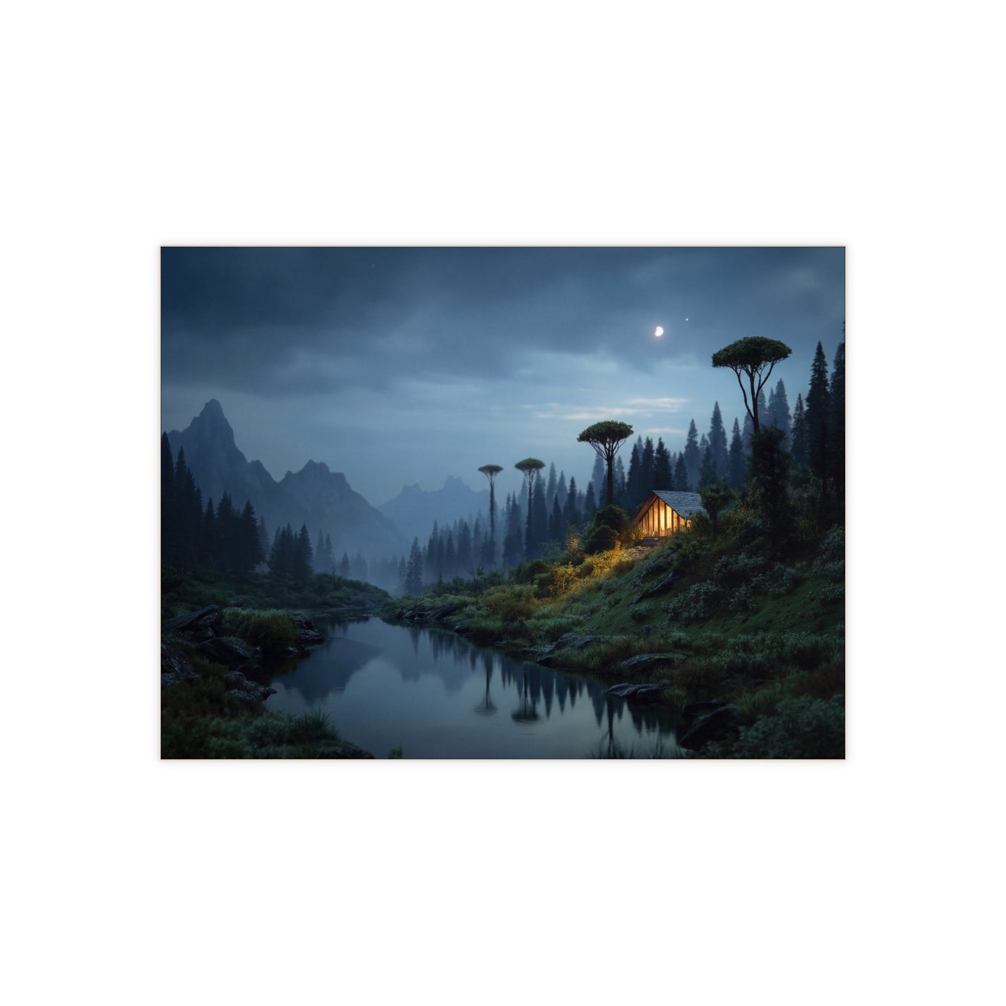 Mountain Cabin Moonlight Ceramic Photo Tile – Whispering River Sanctuary