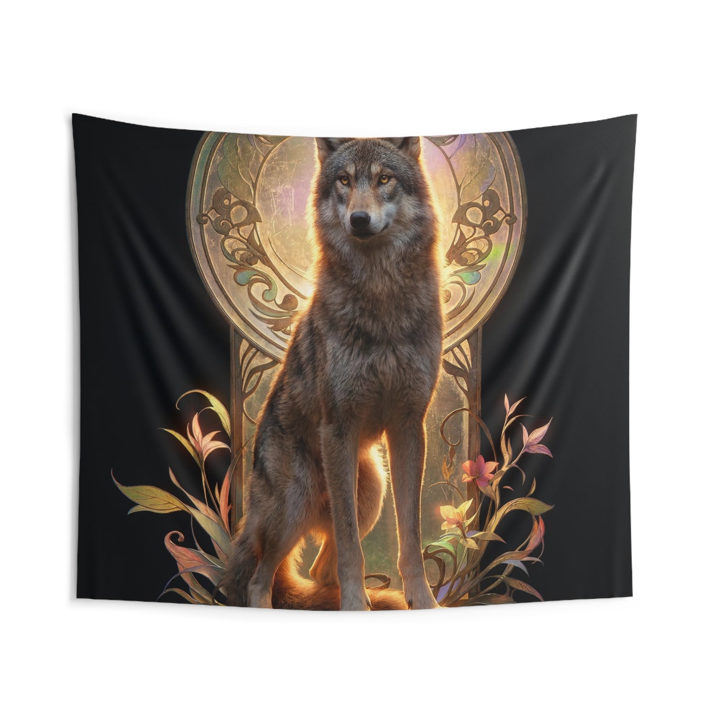 Regal Wolf Throne Tapestry – Golden Light Through Art Nouveau Arch