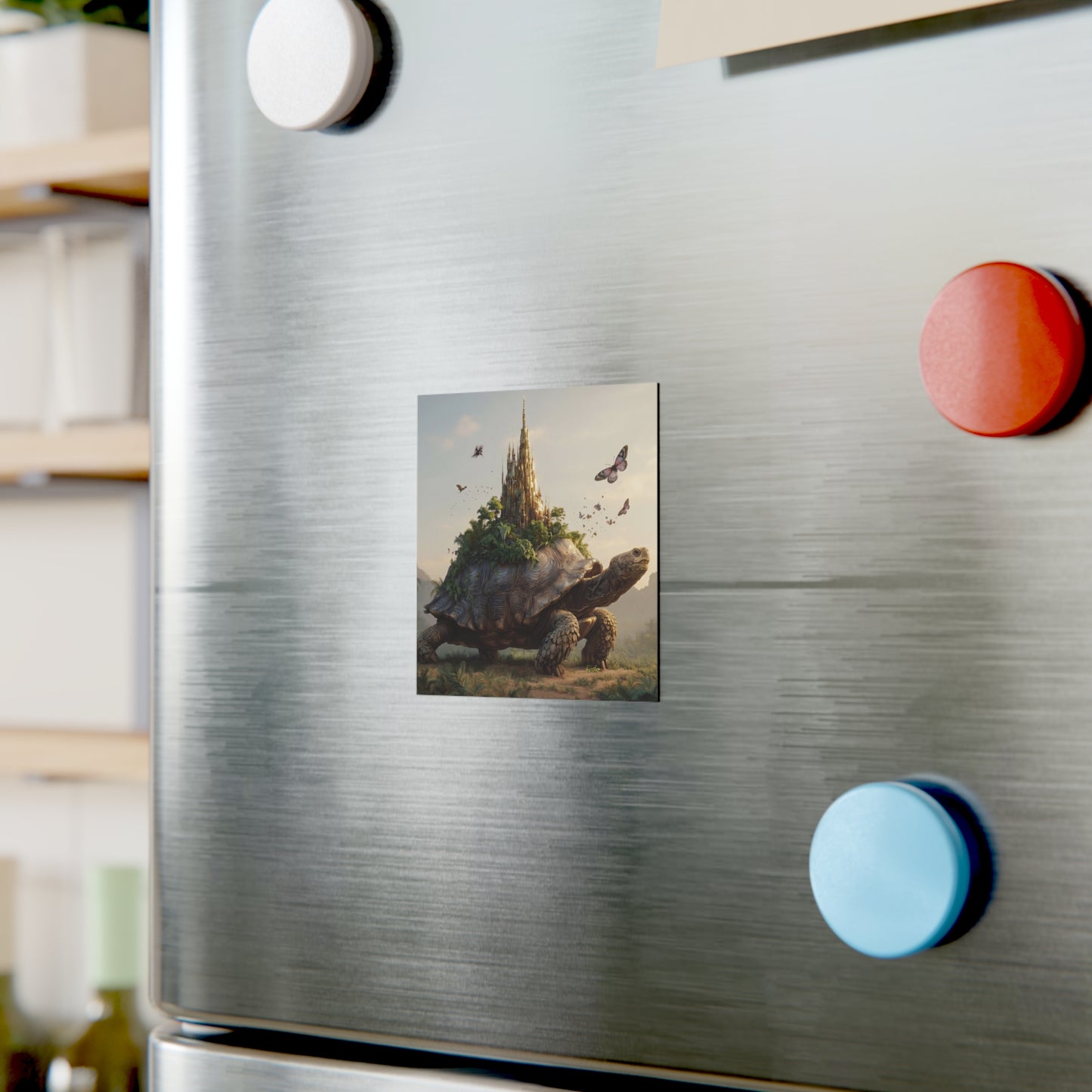 Castle on Turtle Back Square Magnet – Sunlit Fantasy Sanctuary