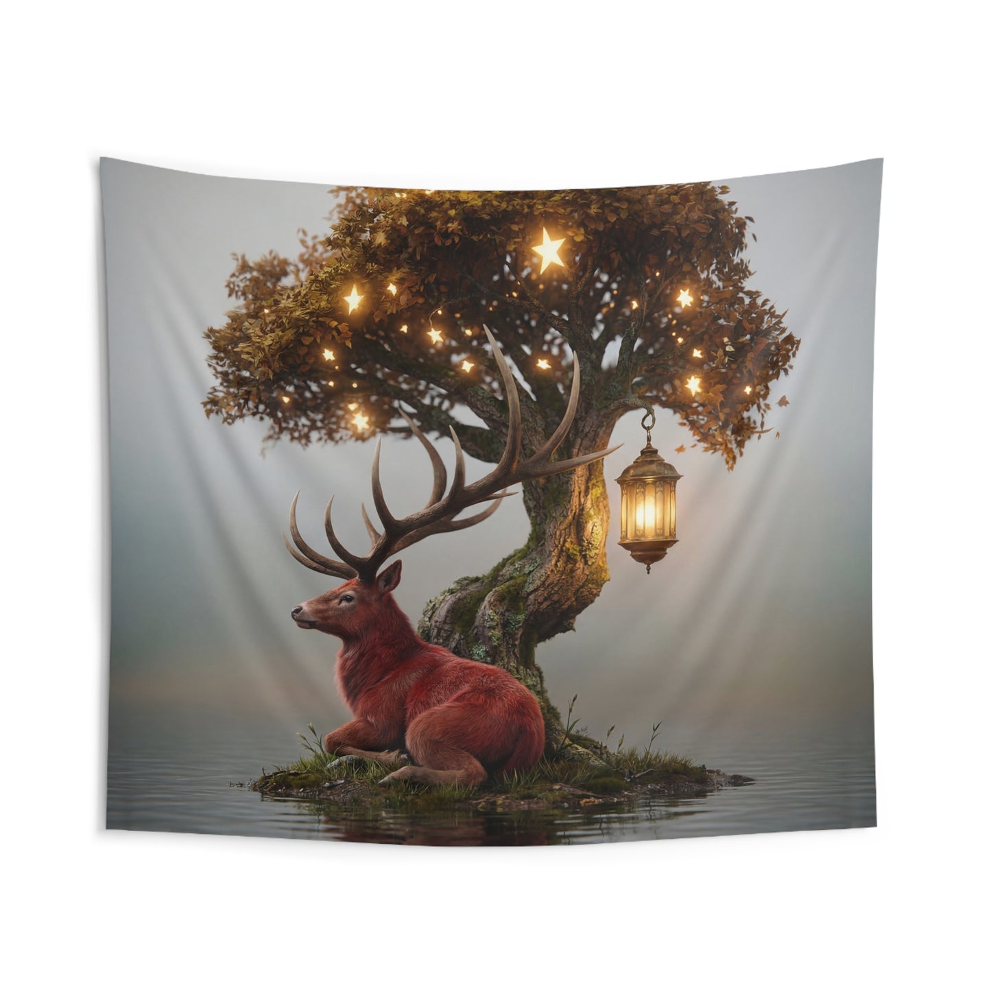 Starlit Stag by the Water Indoor Wall Tapestries – A Quiet Moment in the Twilight Woods