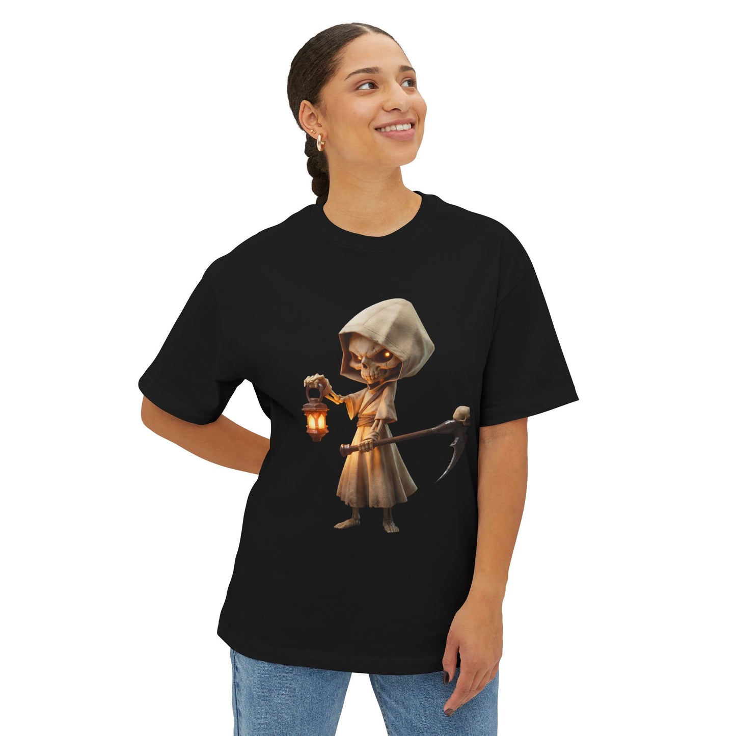 Lantern-Bearing Reaper Oversized Boxy Tee – Hooded Sentinel with Scythe and Warm Glow