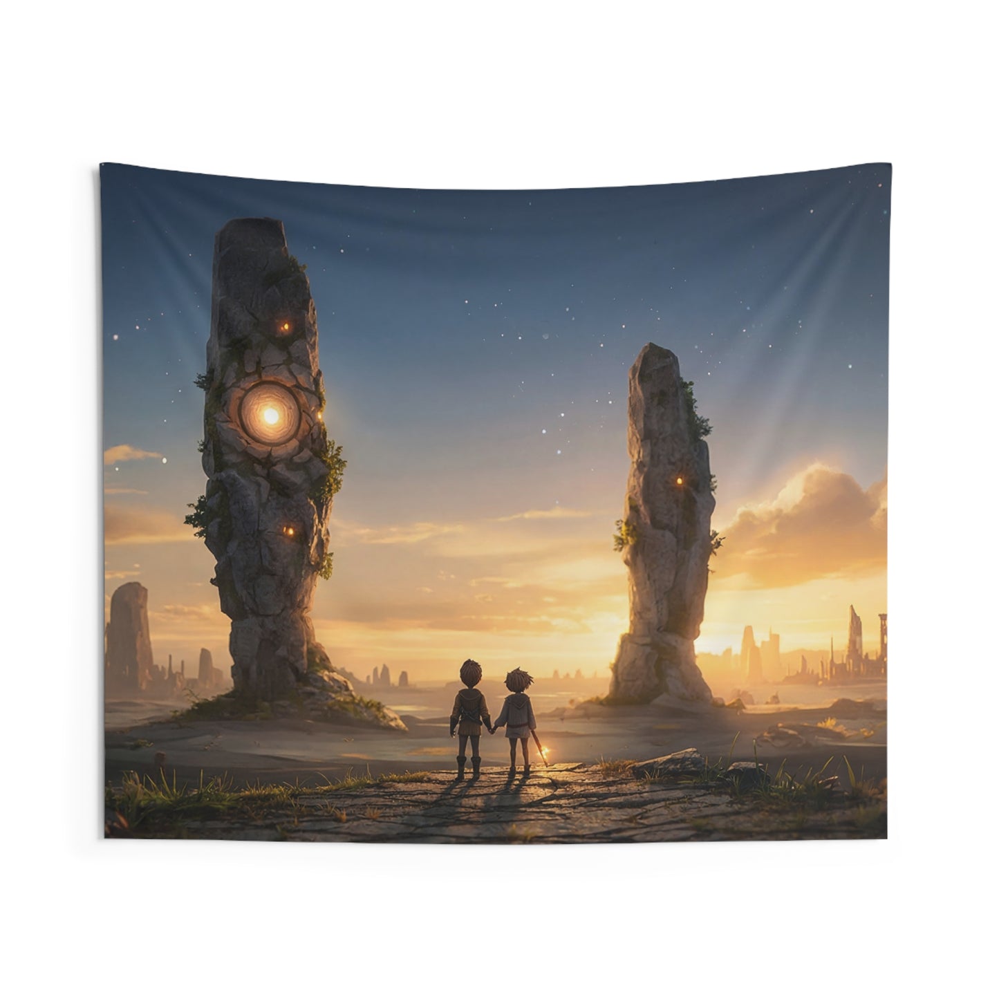 Twin Wanderers Tapestry – Sunset Portal Between Ancient Stones