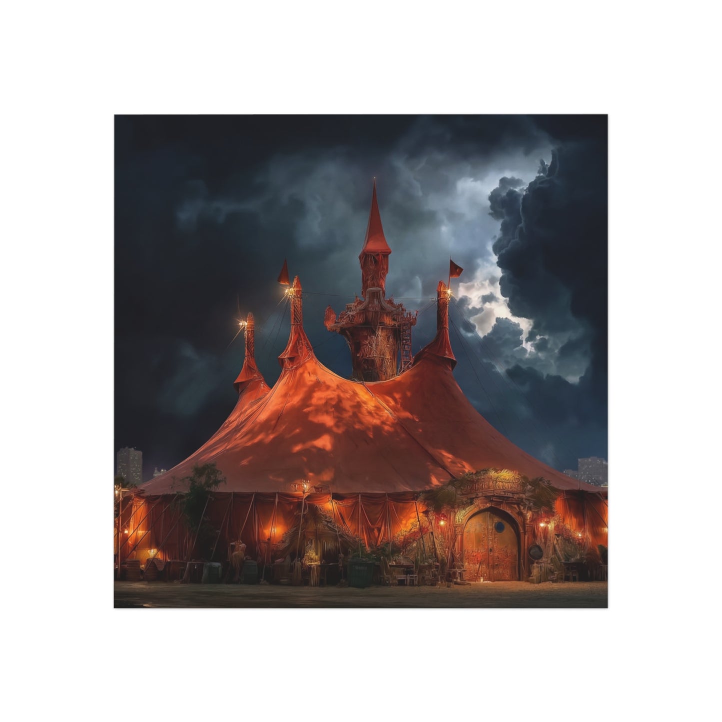 Stormbound Circus Tent Square Magnet – Crimson Canopy Against Dark Skies