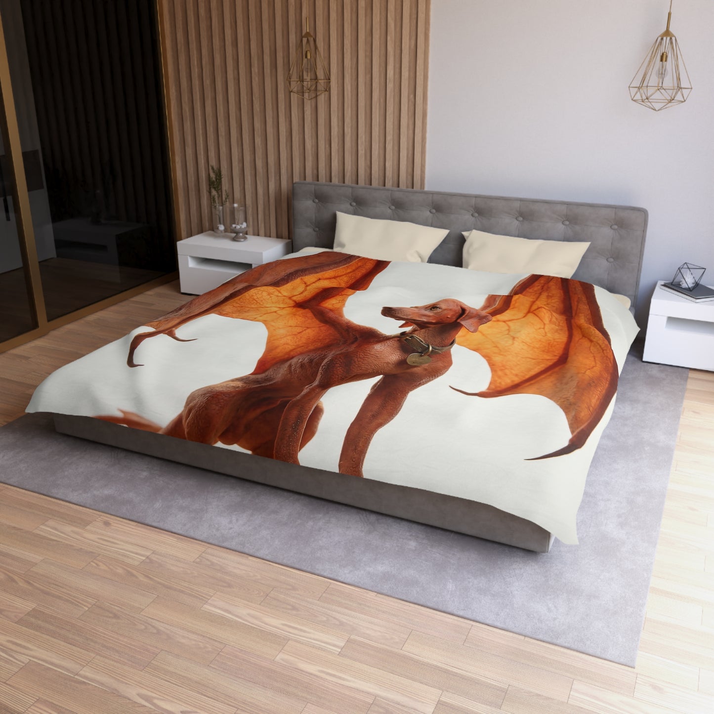 Winged Canine Guardian Microfiber Duvet Cover – Amber Flight Dreamscape