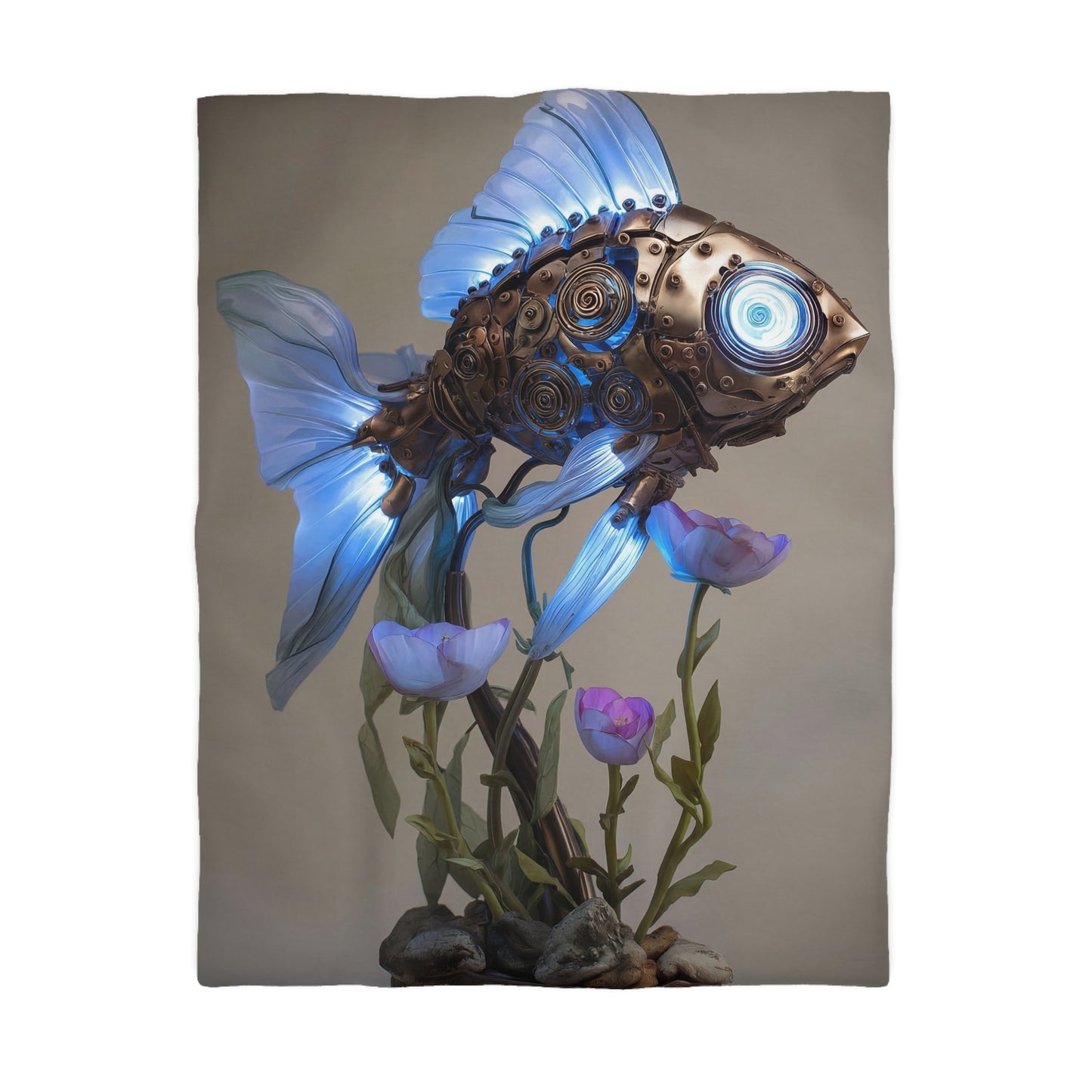 Steampunk Fish Microfiber Duvet Cover – Luminescent Gear & Petal Dreamscape