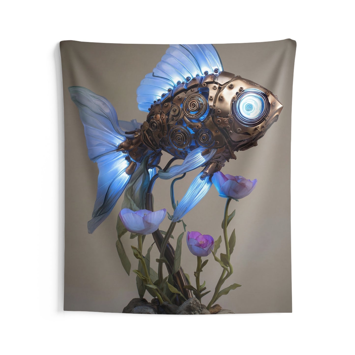 Steampunk Goldfish Indoor Wall Tapestries – Glowing Mechanical Bloom