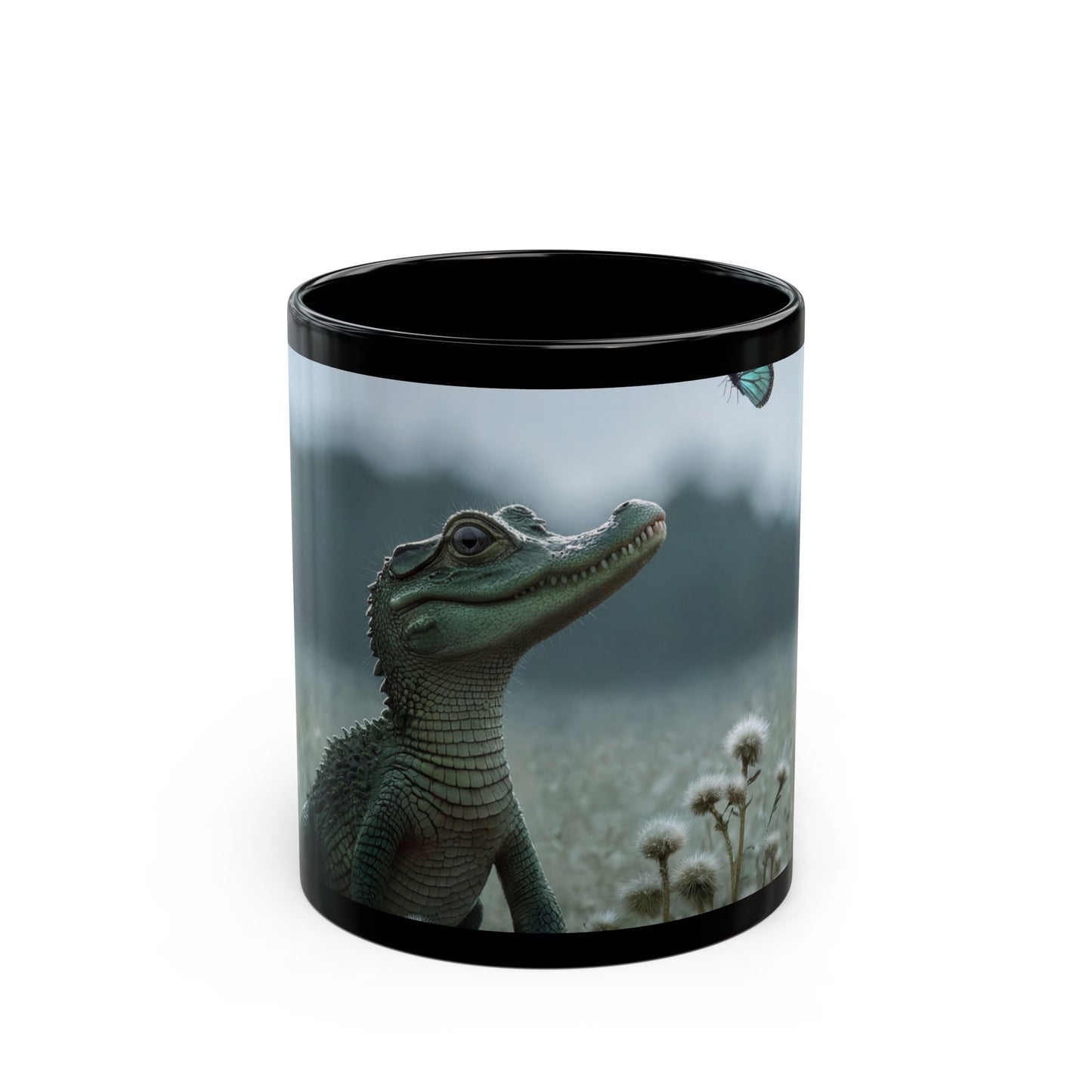 Curious Caiman Black Mug – Azure Butterfly Encounter