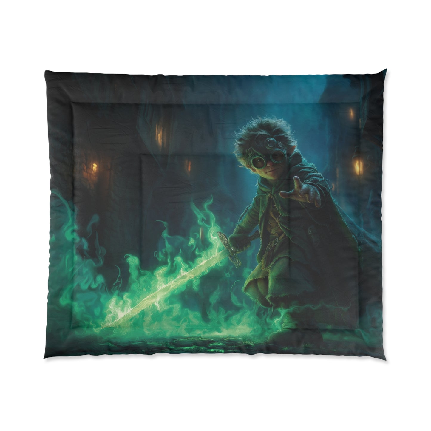 Green Flame Guardian Comforter – Steampunk Gnome Sentinel Bedding