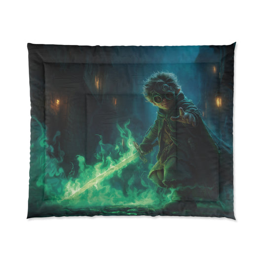 Green Flame Guardian Comforter – Steampunk Gnome Sentinel Bedding