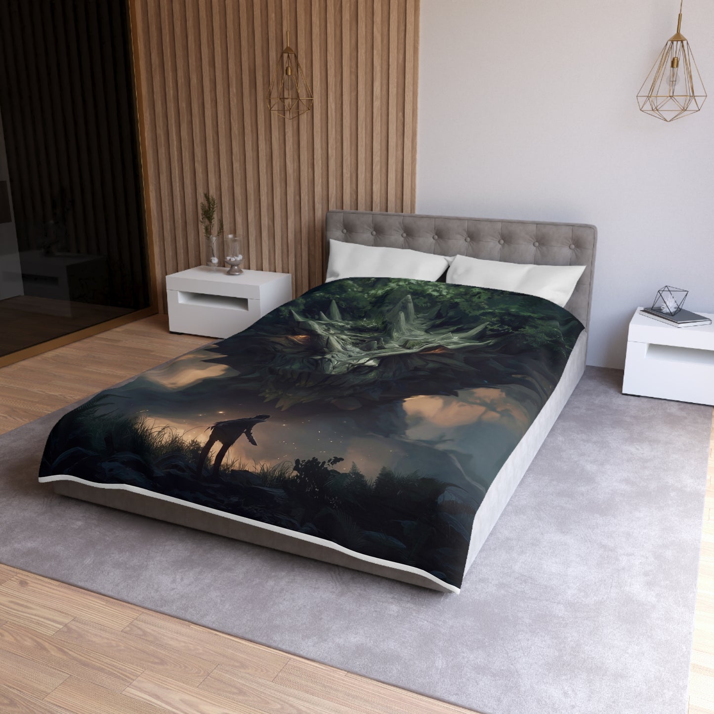 Ancient Dragon Sentinel Microfiber Duvet Cover – Forest Guardian at Dusk