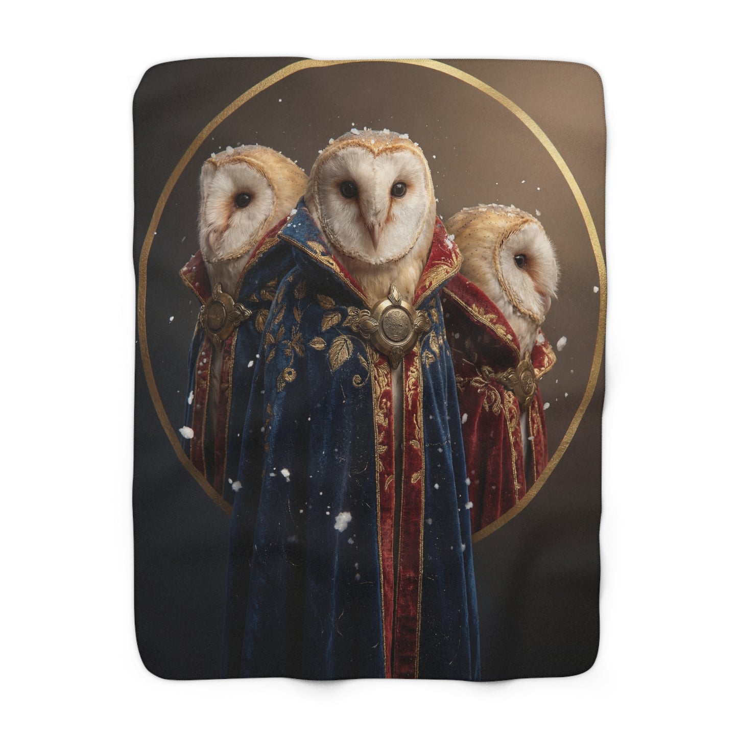 Three Owls in Regal Cloaks Sherpa Fleece Blanket – Winter Courtly Whispers