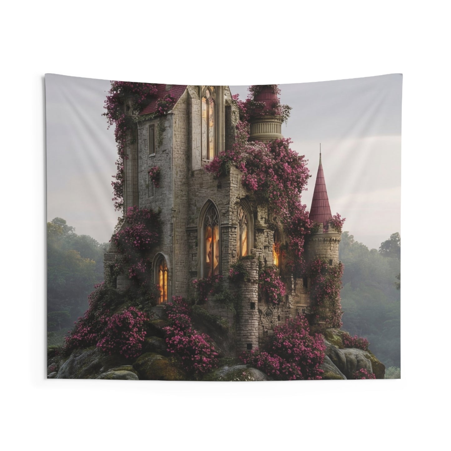 Rose-Covered Castle Wall Tapestry – Twilight Bloom Sanctuary