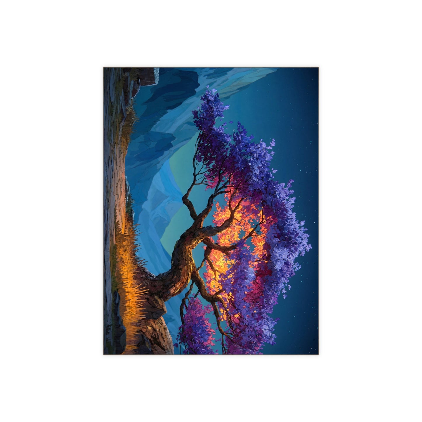 Celestial Tree Ceramic Photo Tile – Twilight Bloom Against Snow Peaks