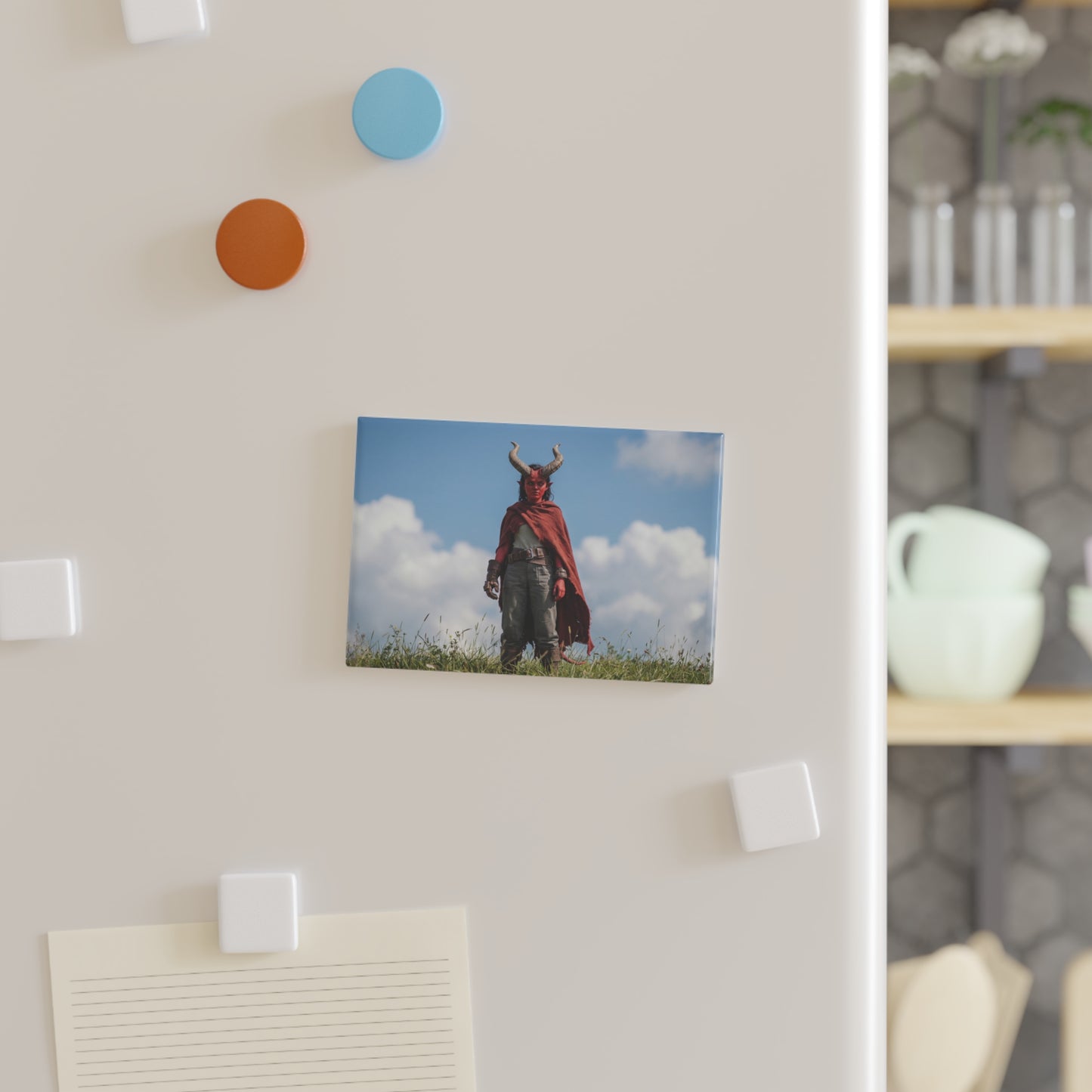 Red-Skinned Demon Warrior Button Magnet, Rectangle (1 & 10 pcs) – Standing Ground in Sunlit Grass