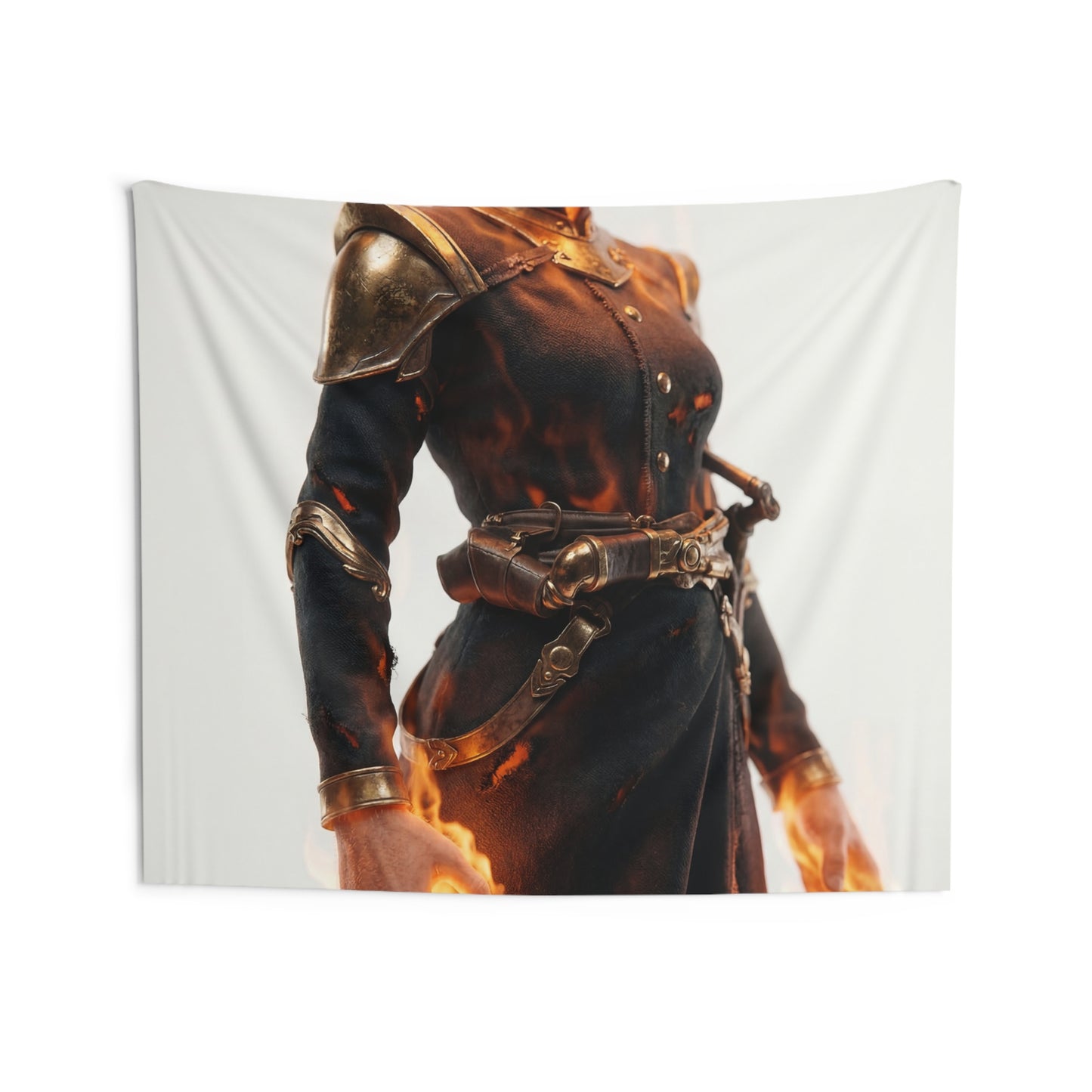 Flame-Headed Sentinel Indoor Wall Tapestries – Burning Resolve in Midnight Armor