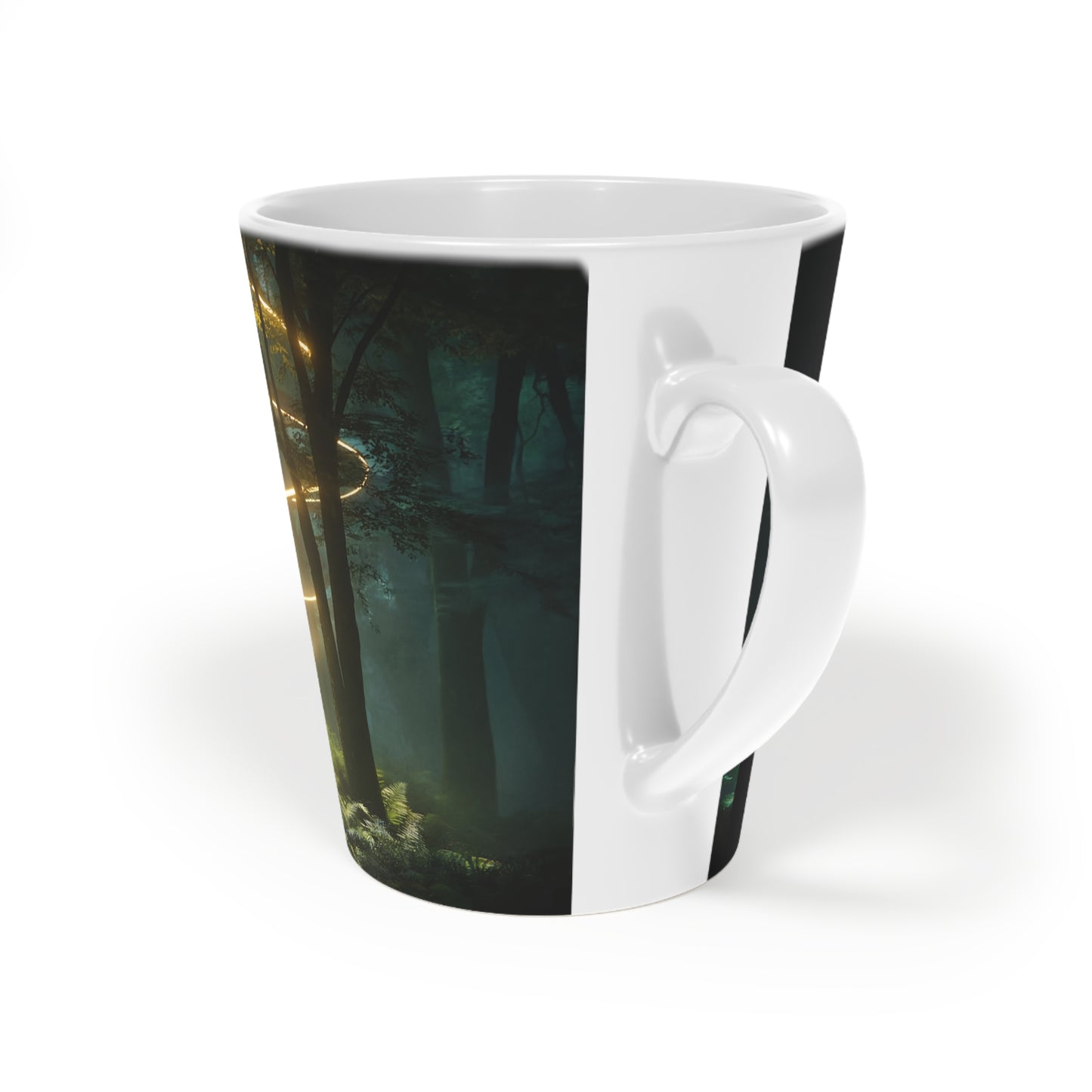 Spiral Light Forest Latte Mug, 12oz – Golden Vortex in the Twilight Grove