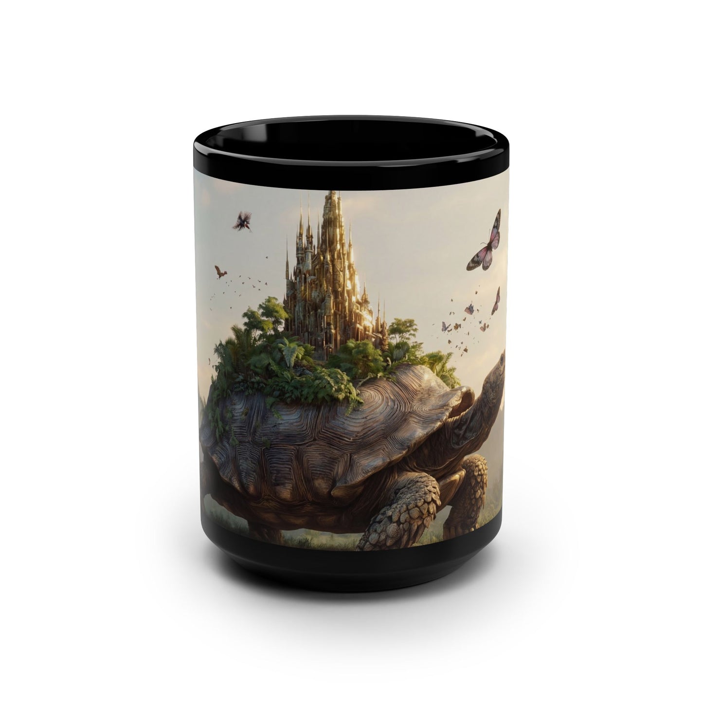 Castle Turtle Mug – Living Fortress with Golden Spire and Swirling Butterflies