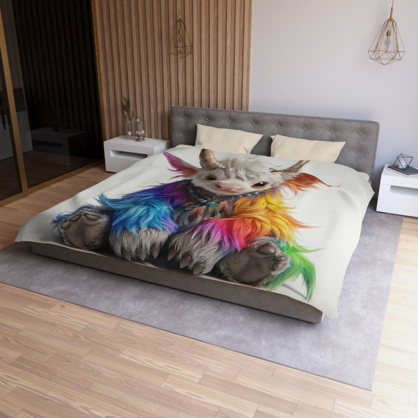 Rainbow Horned Guardian Microfiber Duvet Cover – Softly Glowing Twilight Companion