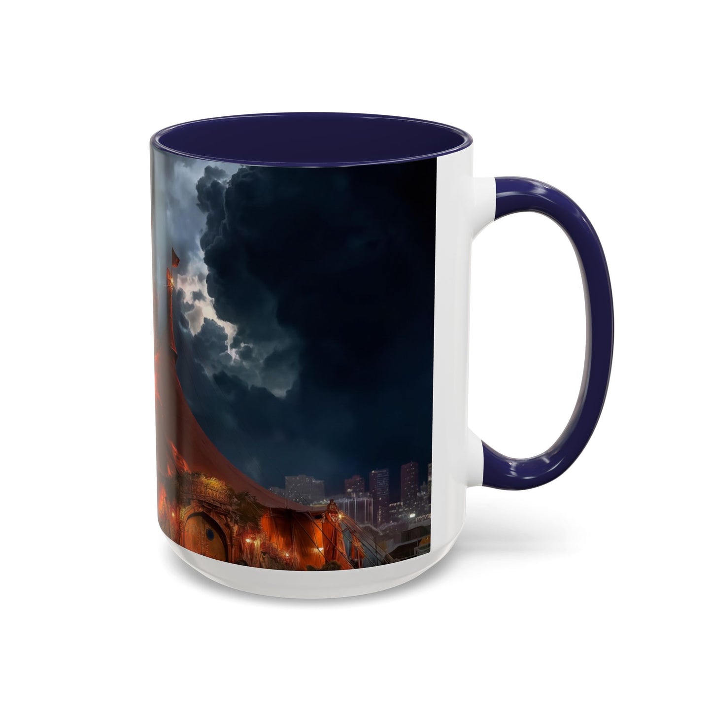 Crimson Circus Tent Accent Coffee Mug (11, 15oz) – Neon Nightscape Under Thunderclouds