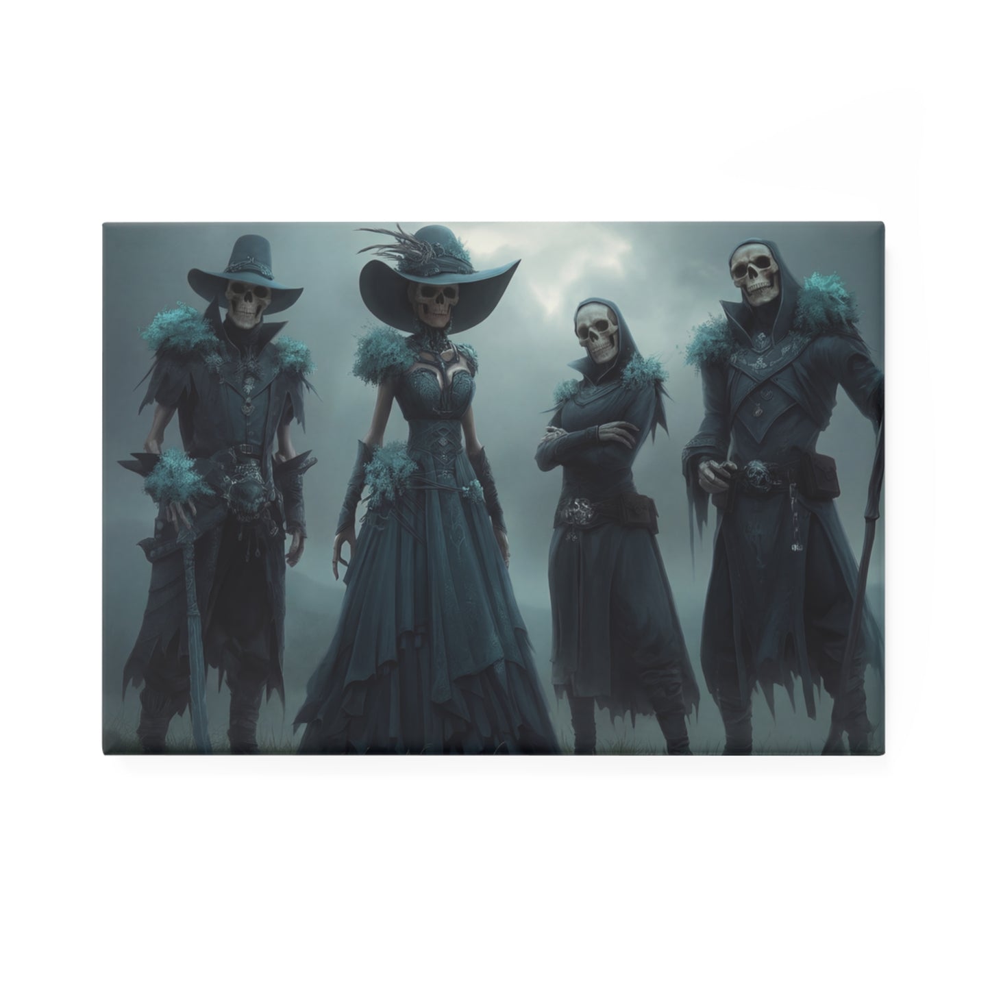 Four Skeletons in Mourning Attire Button Magnet, Rectangle (1 & 10 pcs) – Ethereal Gothic Guardians