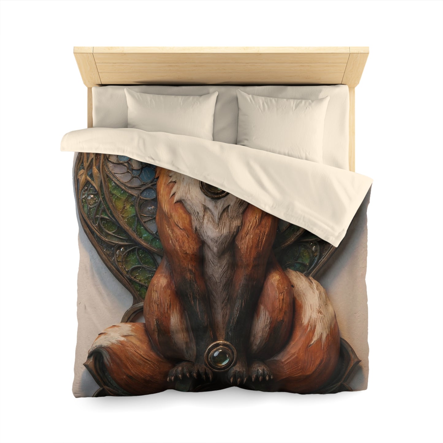 Fox Sentinel Microfiber Duvet Cover – Warm Amber Guardian in Stained Glass