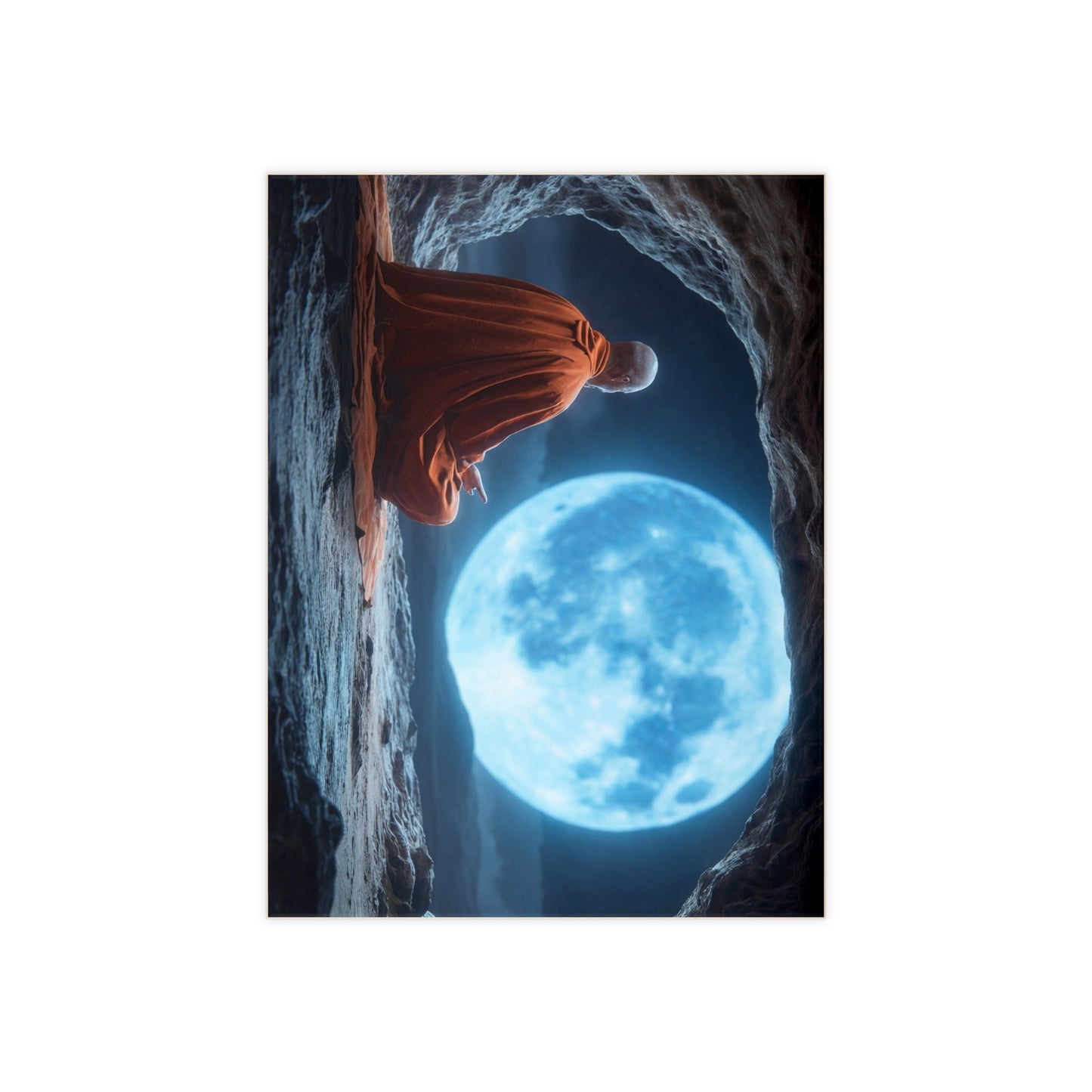 Monk Under Blue Moon Ceramic Photo Tile – Solitude in Stone