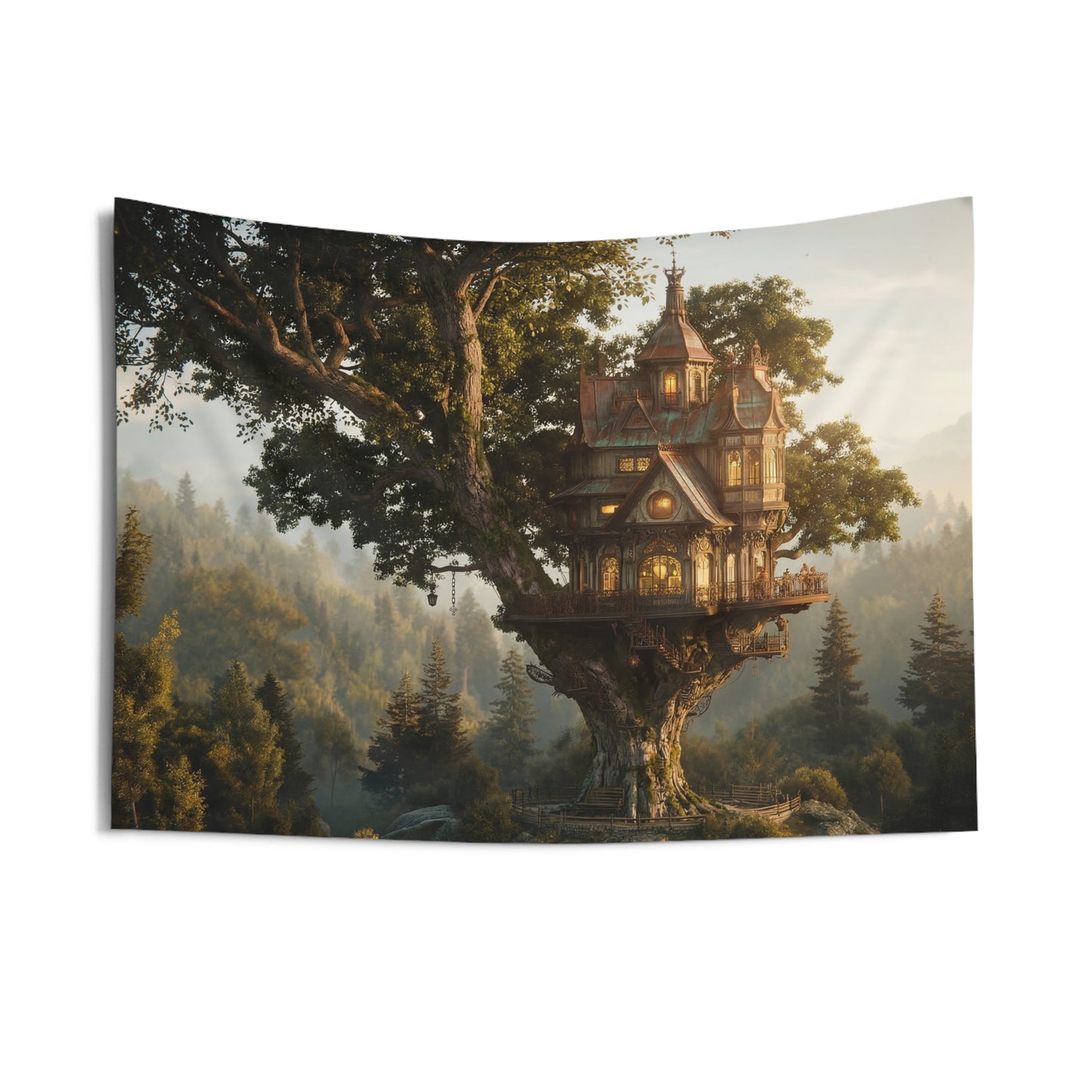 Treehouse Sanctuary Indoor Wall Tapestries – Golden Hour Forest Retreat