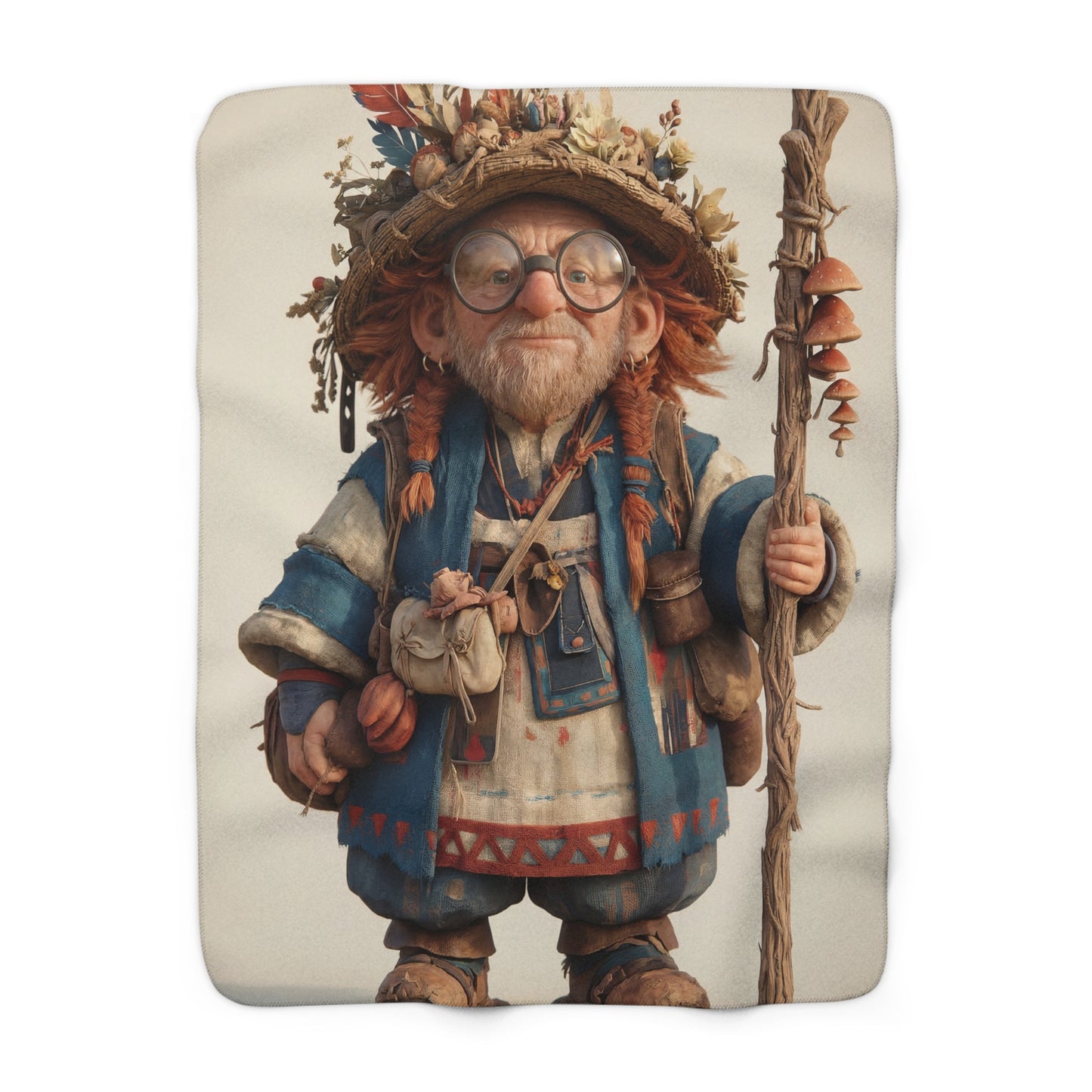Hermit Sage Sherpa Fleece Blanket – Mossy Cap & Mushroom Staff